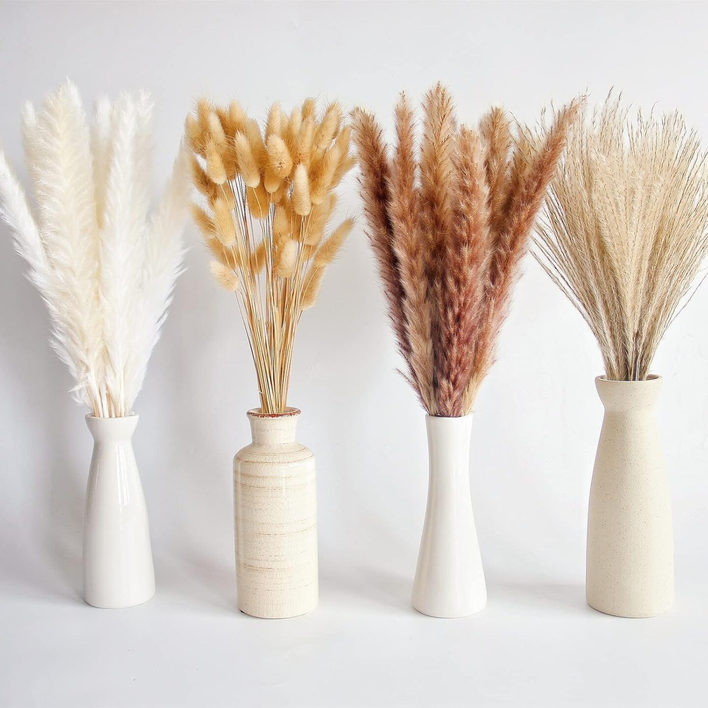 100 PCS Small Boho Pampas Grass, 17" Naturally Dried Pompas, Pampas Grass Decor for Wedding , Boho Party Decorations, Table Decor(Brown and White)