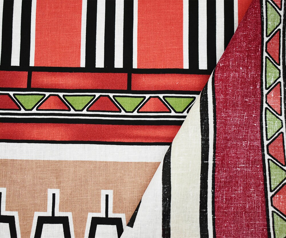 Red-Green-Multi Abstract Aztec Stripe Pattern Printed Linen Woven Fabric By the Yard