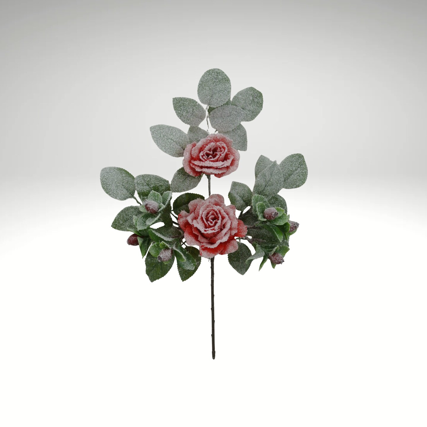 18&#x22; Red Rose Berry Spray &#x2013; Flocked Artificial Rose Stem for Holiday Arrangements-83754-RD