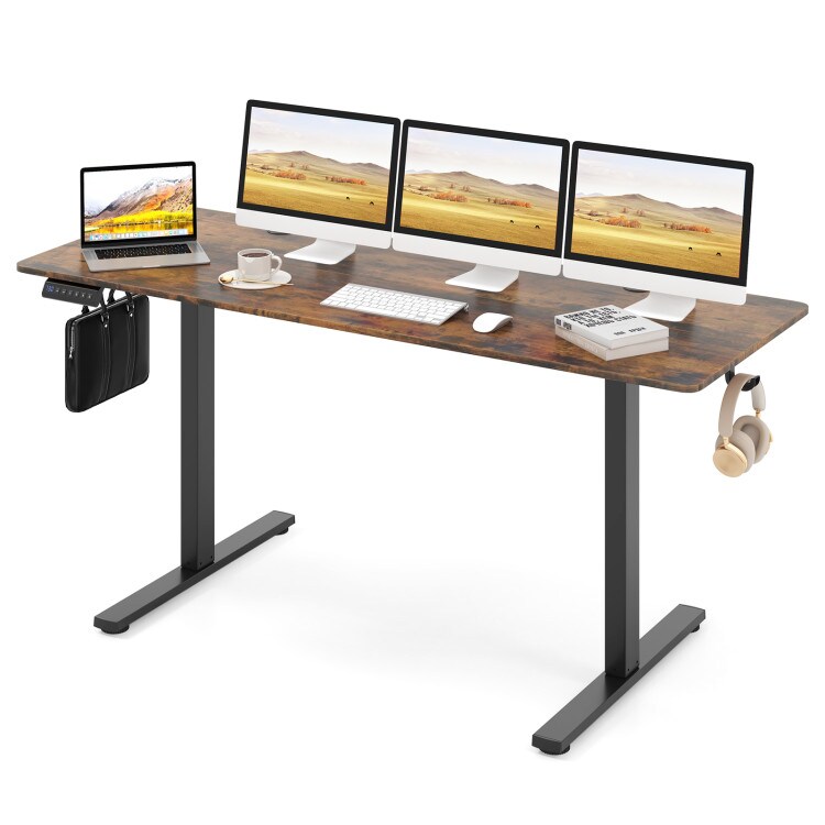 63 Inch Rustic Brown Electric Adjustable Sit Standing Desk with Hooks and Black Frame