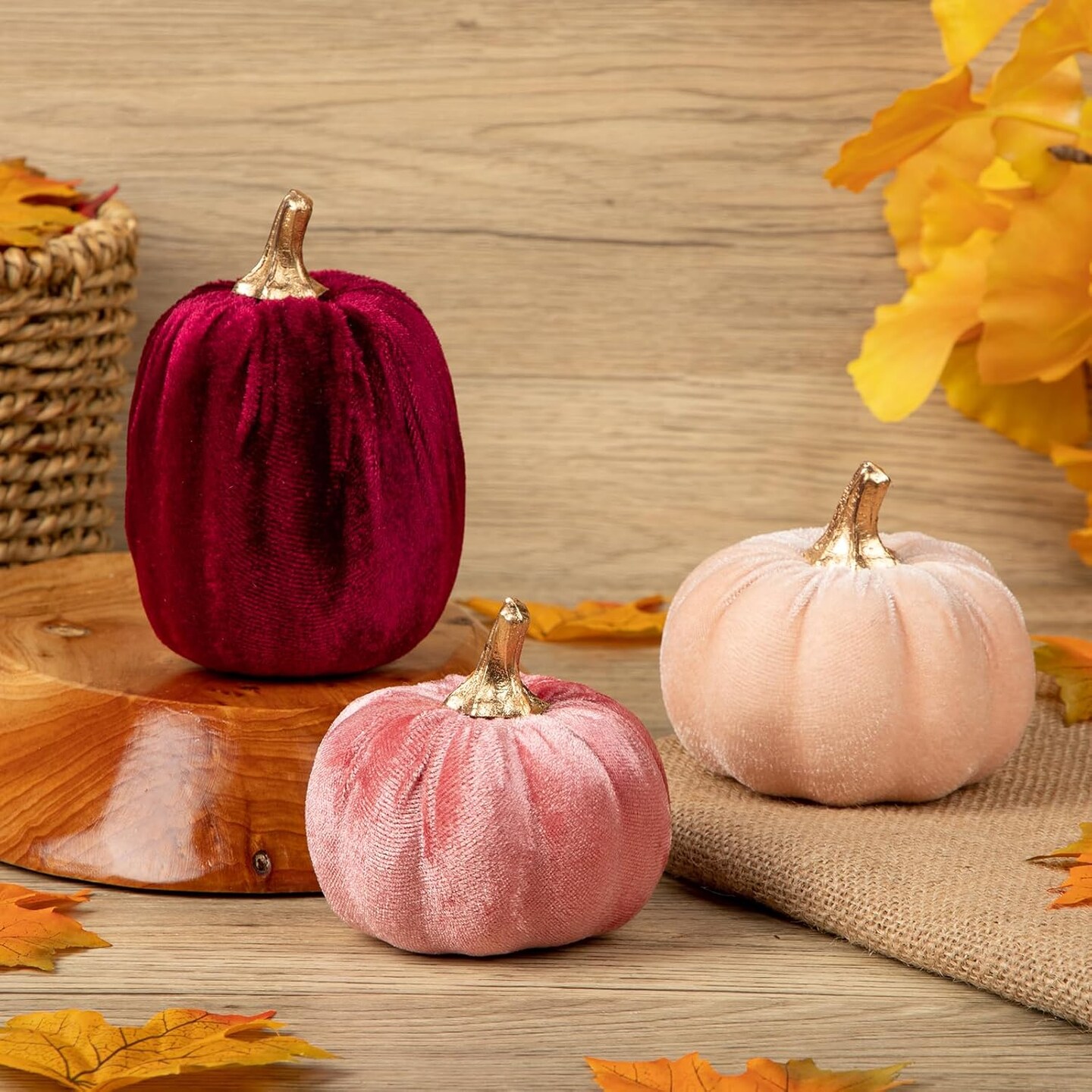 Artificial Velvet Pumpkins Fall Decor - 3 PCS Faux Fabric Foam Mini Orange Pumpkins DIY Decorative