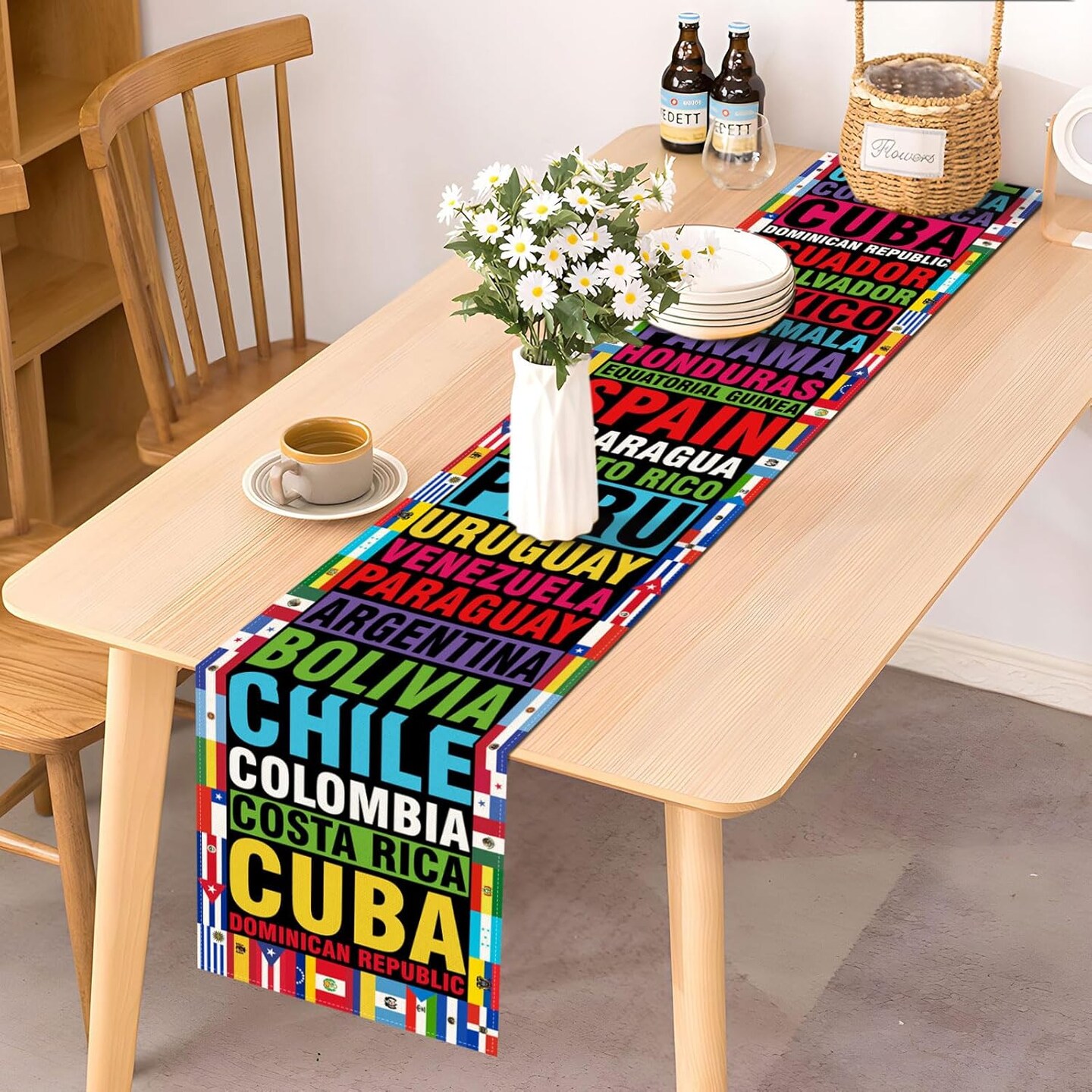 Hispanic Heritage Month Table Runner 21 Spanish Speaking Latino Countries Flags (13" x 72")(Multi-color)