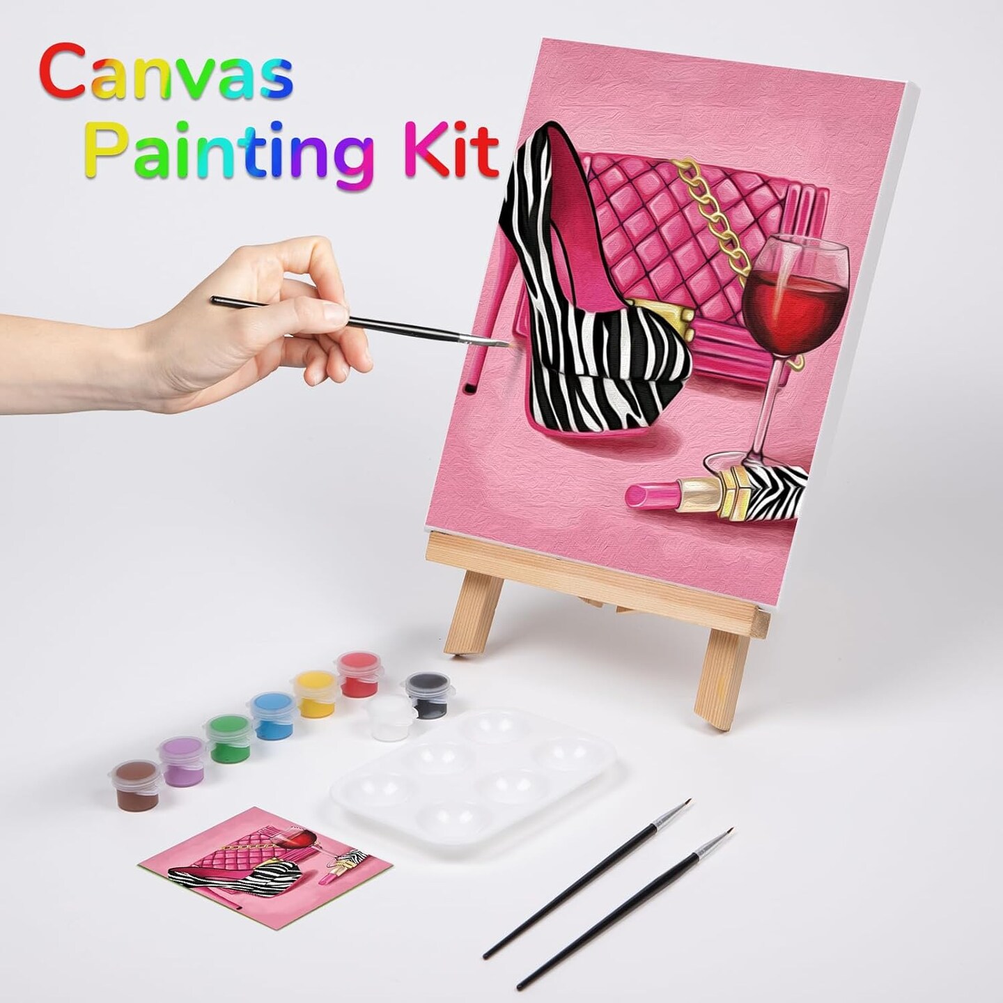 Paint 1 Easel, 8 Acrylic Colors,3 Brush,1 Pallet Girl High Heel Glass Bag Lipstick Art Set(8x10)