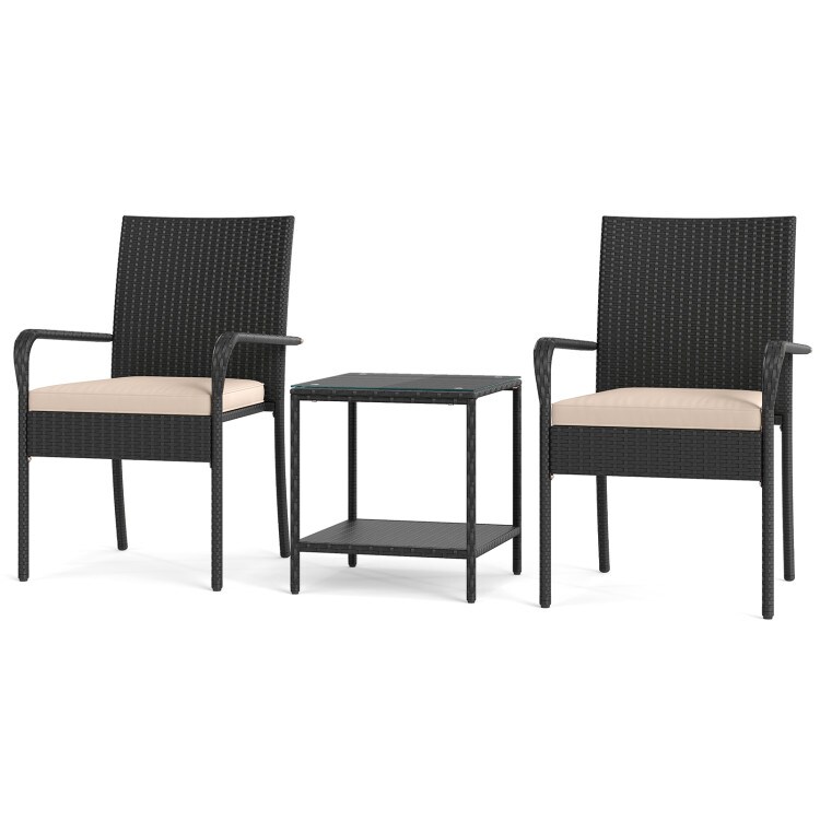 3-Piece Hand-Woven PE Rattan Garden Bistro Set with Cushioned Chairs and Double-Tier Table