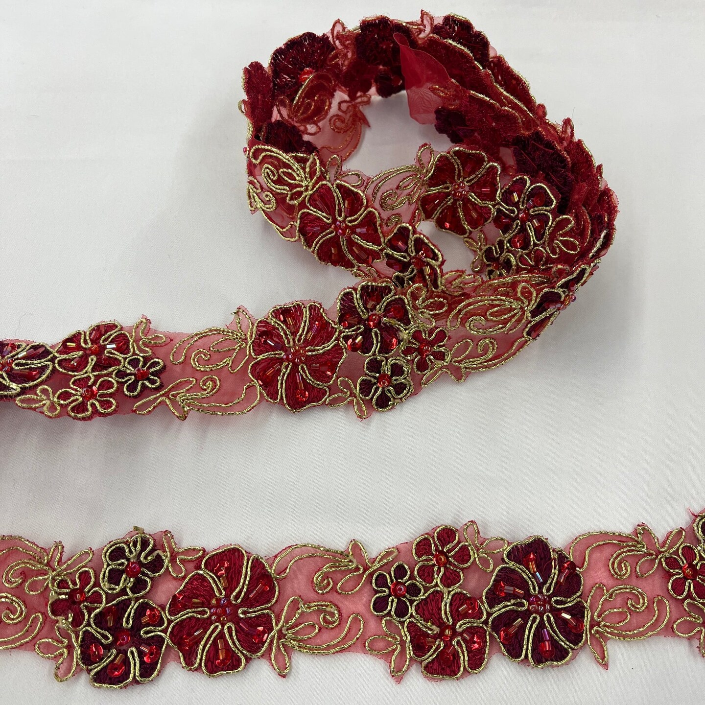 1 Yard Beaded Corded Embroidered Lace Trim 1.5" Wide 100% Polyester Organza  for Dresses & Costumes, Color: Red with Gold | Michaels