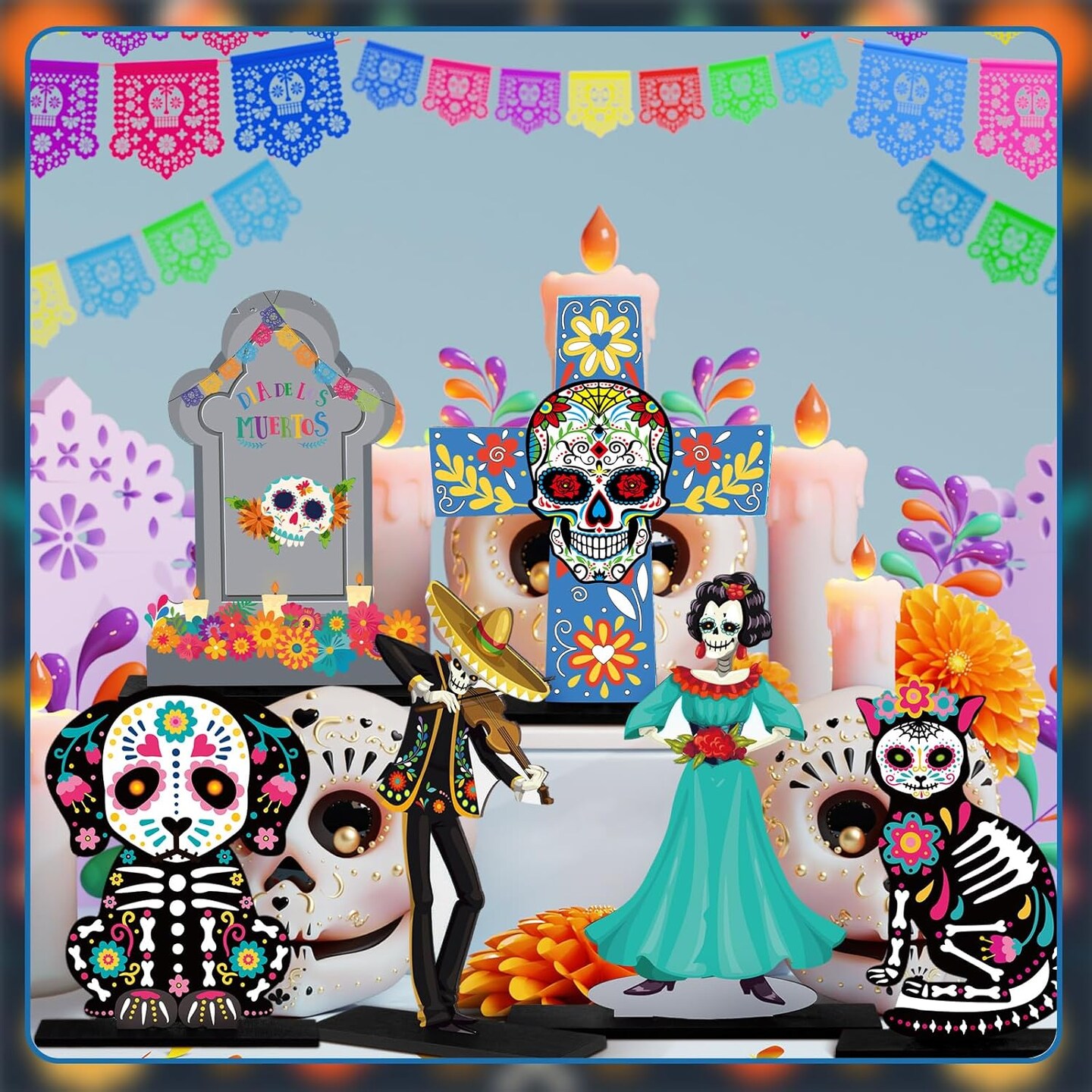 6 Pcs Day of The Dead Wooden Table Centerpiece Dia De Los Muertos Mexican Table Decorations Halloween Table Topper
