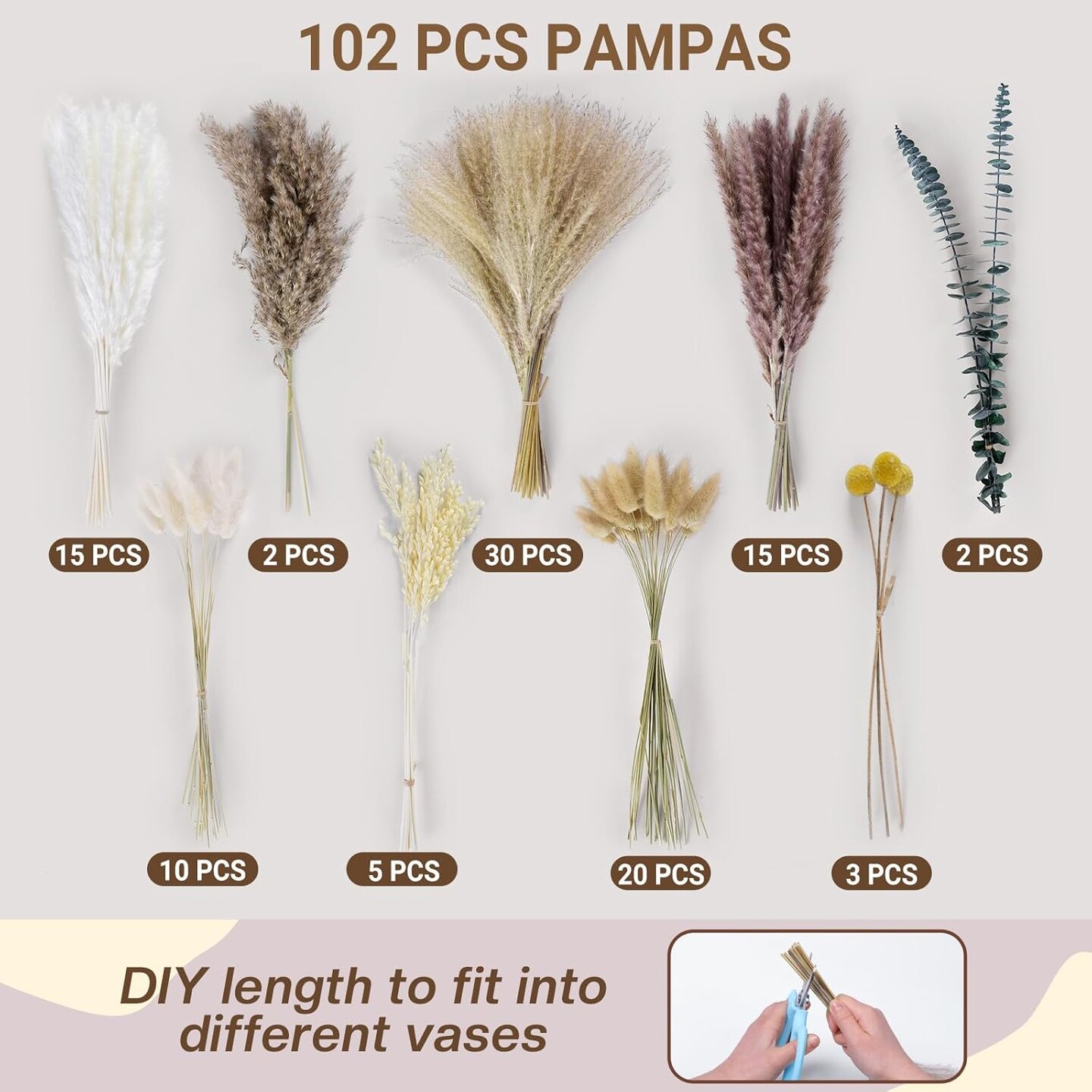 102pcs Dried Pampas Grass Flower Bouquet Decor(Beige)
