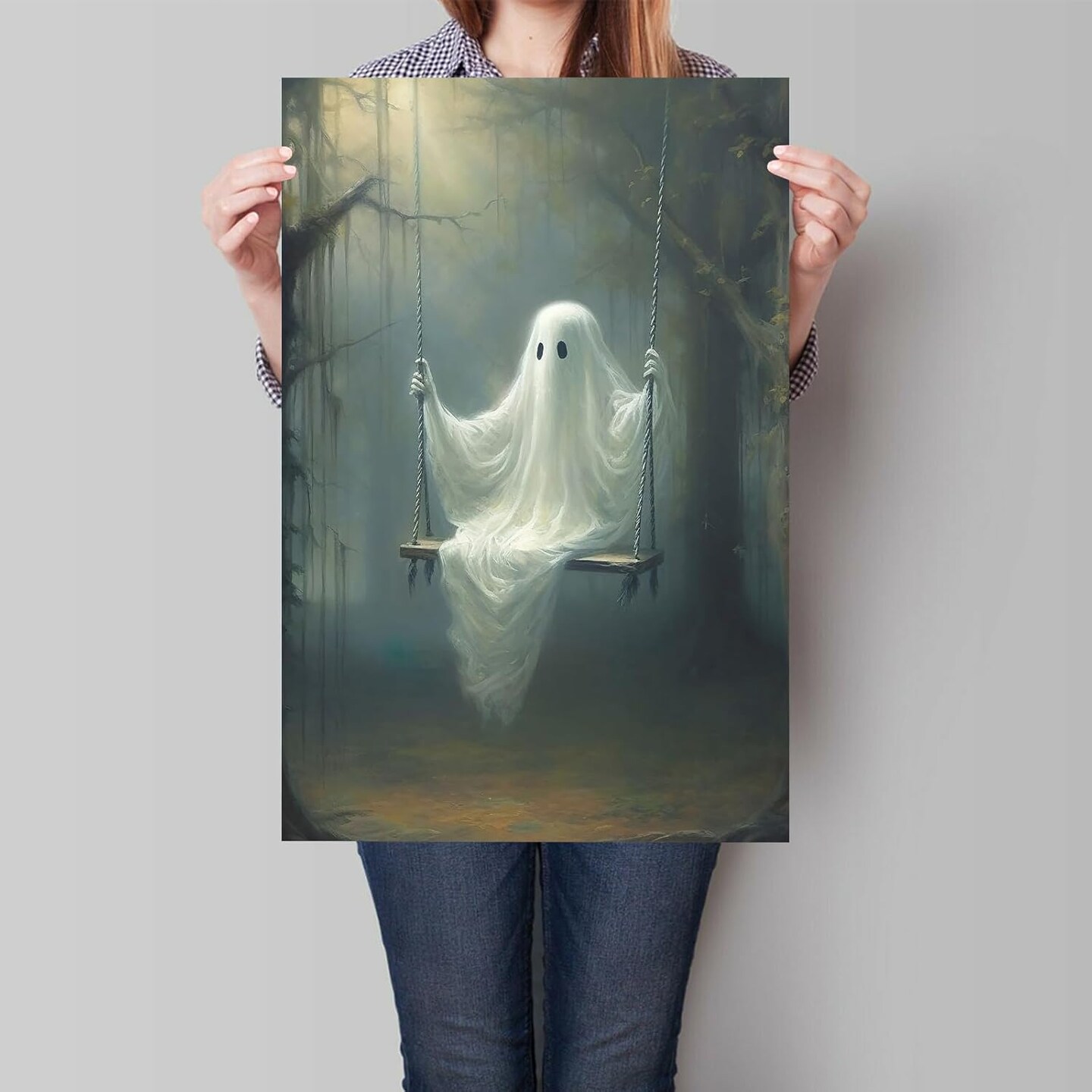 Ghost On A Swing In The Forest Halloween Wall Art - 12L&#x22; x 16W&#x22; (Unframed)