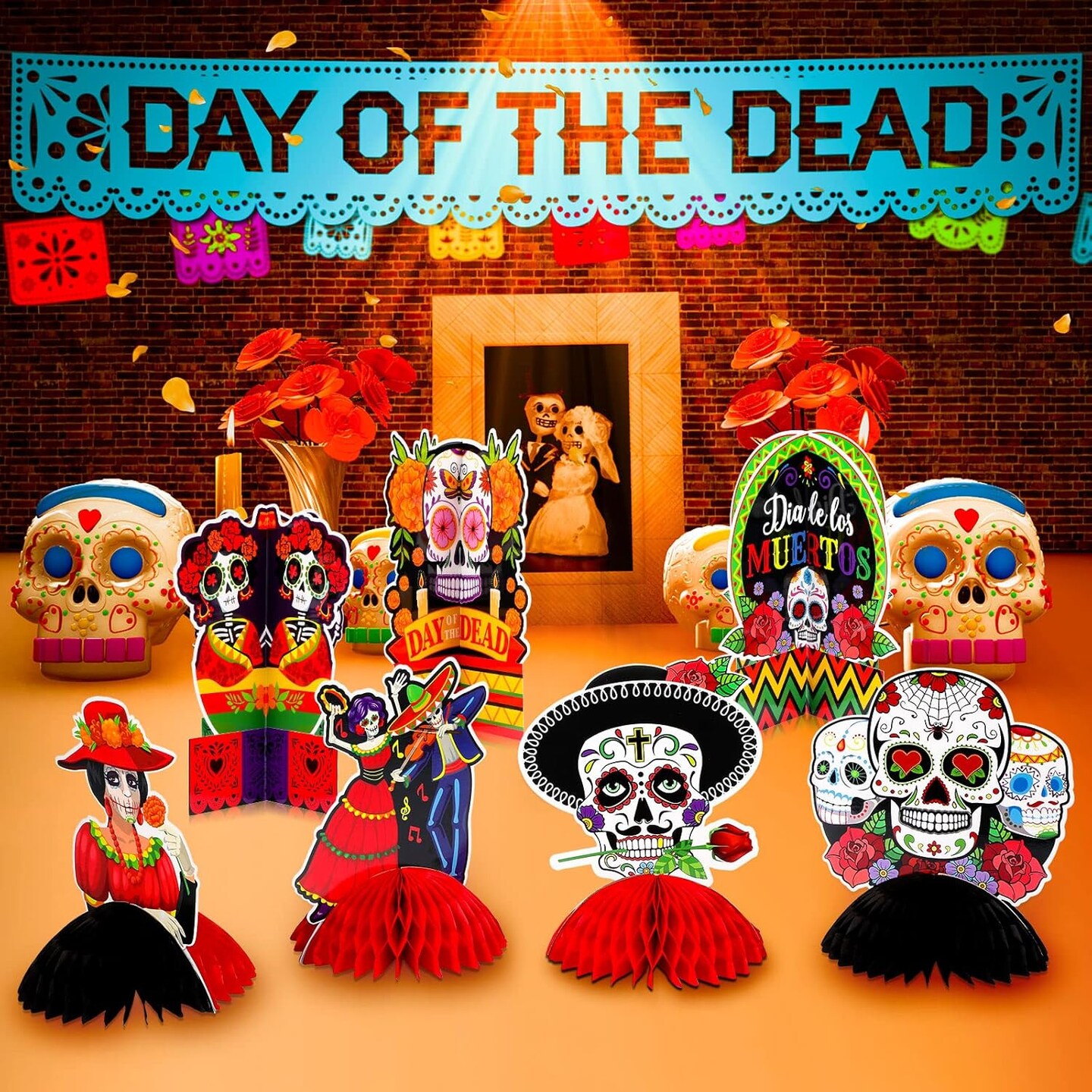9 Pieces Day Of The Dead Honeycomb Table Centerpieces, Halloween Sugar Skull Honeycomb Centerpieces Decorations, Dia De Los Muertos Table Toppers Cutouts Decorations For Halloween Party Favor Supplies