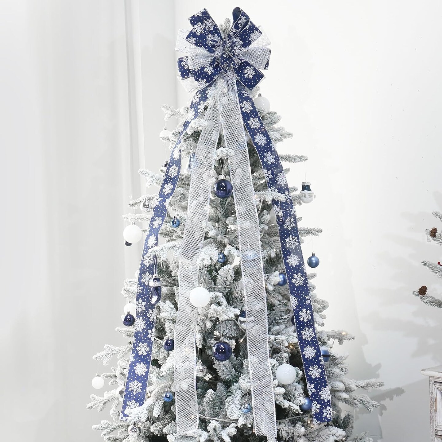 Bow Large Christmas Bow Tree Topper (Deep Blue White)