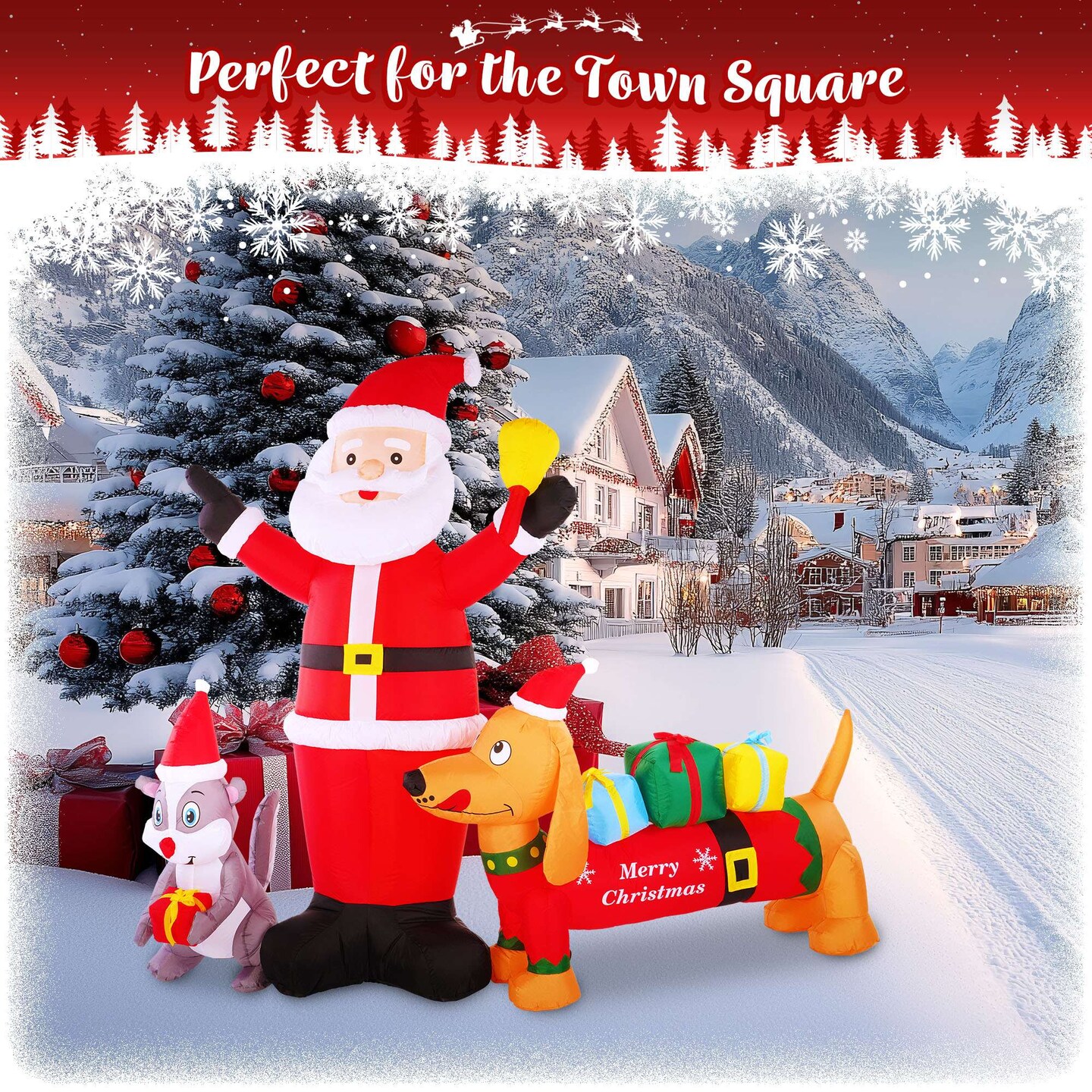 G128 6.5 ft Santa Claus with Dog and Raccoon Christmas Inflatable Decor with LED Lights, Christmas Outdoor Holiday Yard Decoration, Fast Inflate, Weather-Resistant, Outdoor Use