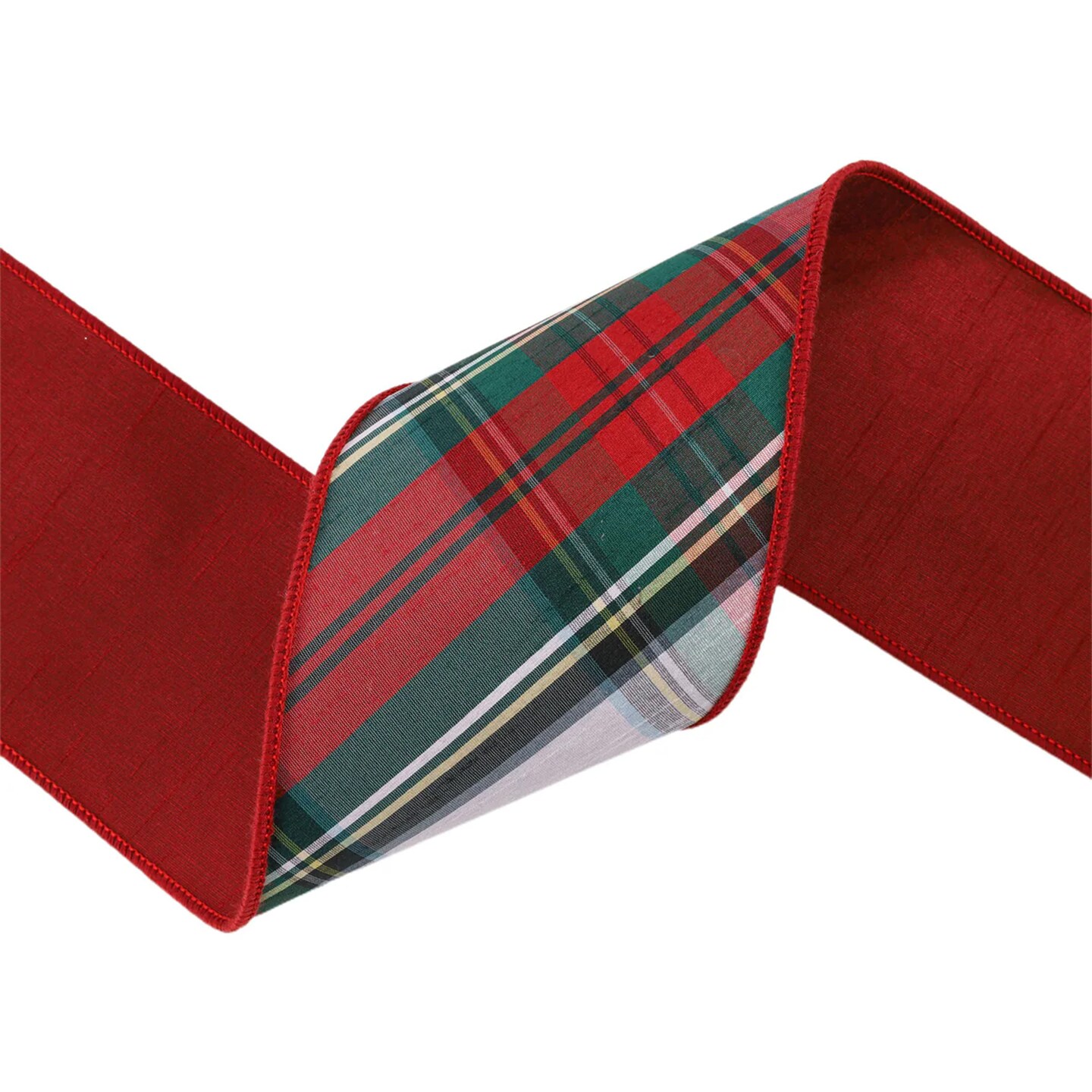 LaRibbons 4&#x22; - 2 1/2&#x22; Wired Dupioni Ribbon | Burgundy/Green/White Plaid Bias Cut | 5 Yard Roll