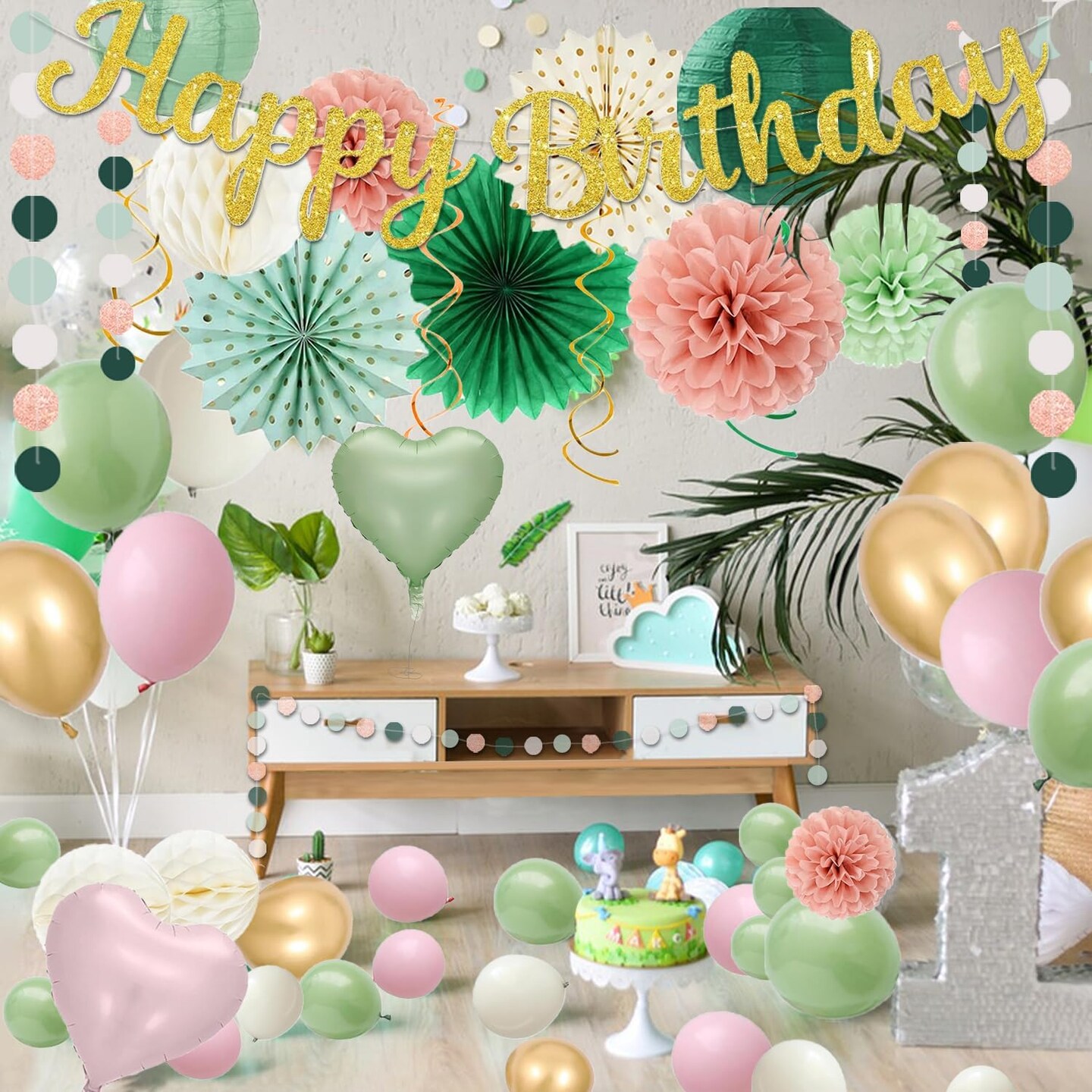 62pcs Happy Birthday Banner(Pink Green Gold)9.72 x 7.72 x 1.85 inches
