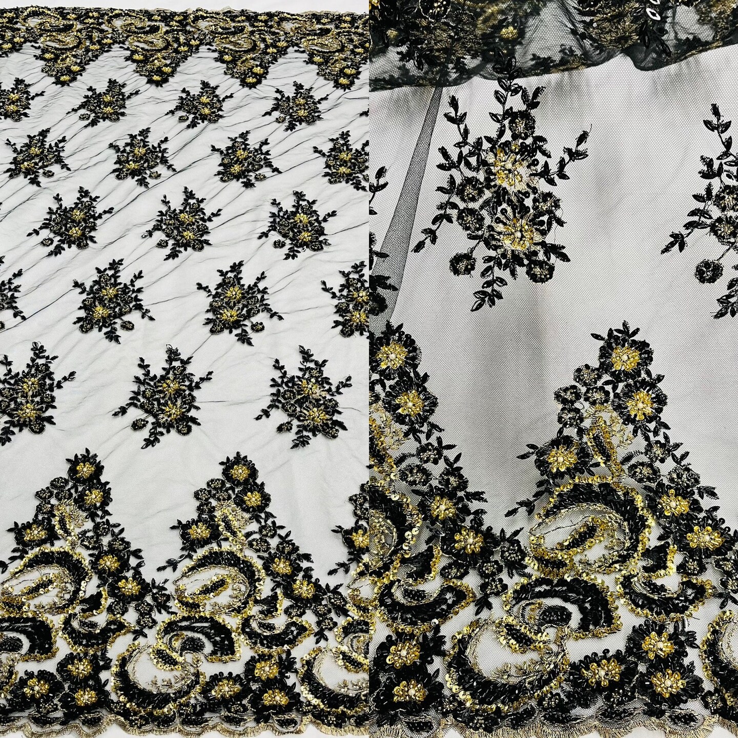 1 Yard Glamorous Black and Gold Beaded Sequined Lace Fabric on Polyester Net Mesh 52 inch Width