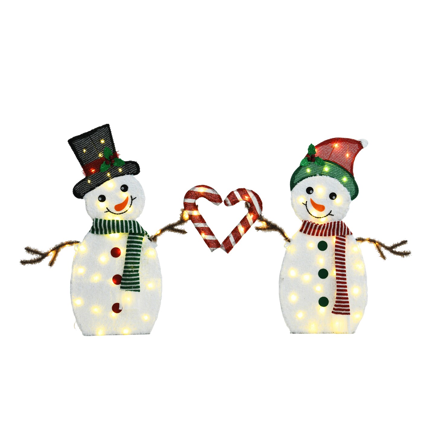 Set of 2 Heart Shaped Snowmen with Warm LED Lights Indoor Outdoor Christmas Decoration 30&#x22; &#x26; 32&#x22; Tall