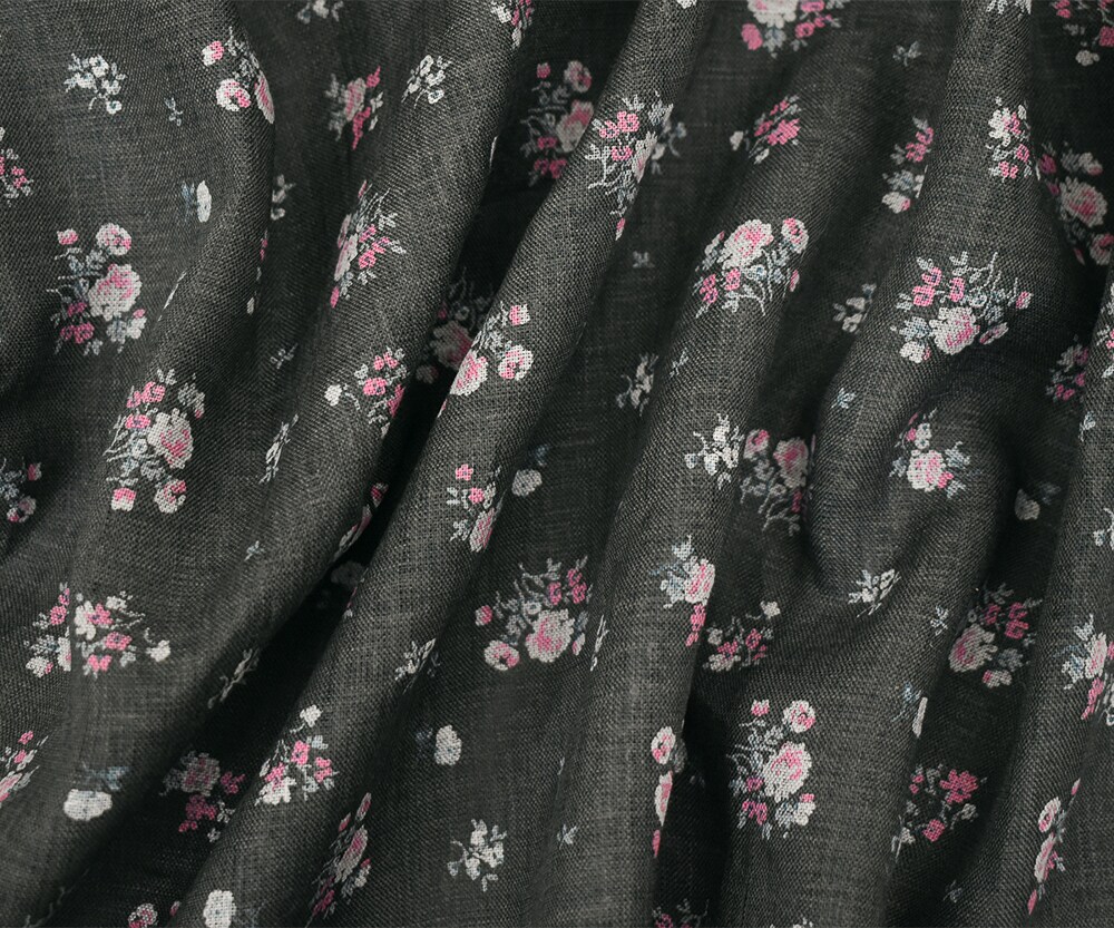 Ash Black-Pink-Multi Floral Ditsy Printed Linen Woven Fabric By the Yard