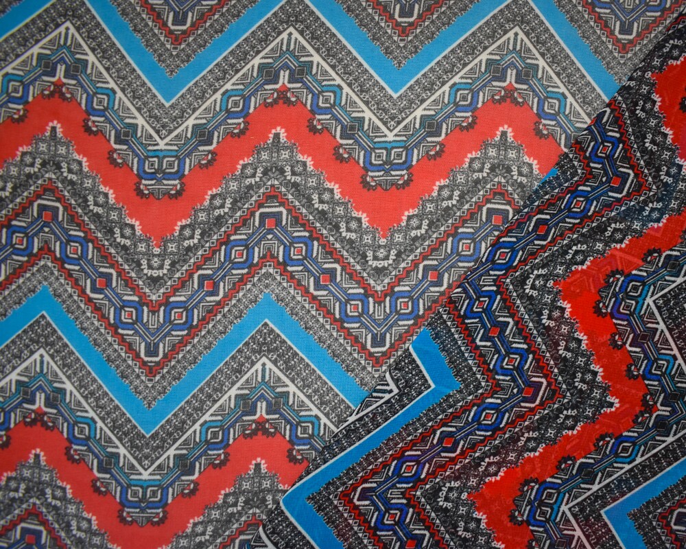 Red-Turquoise-Multi Poly Chevron Aztec Printed Chiffon Woven Fabric By the Yard