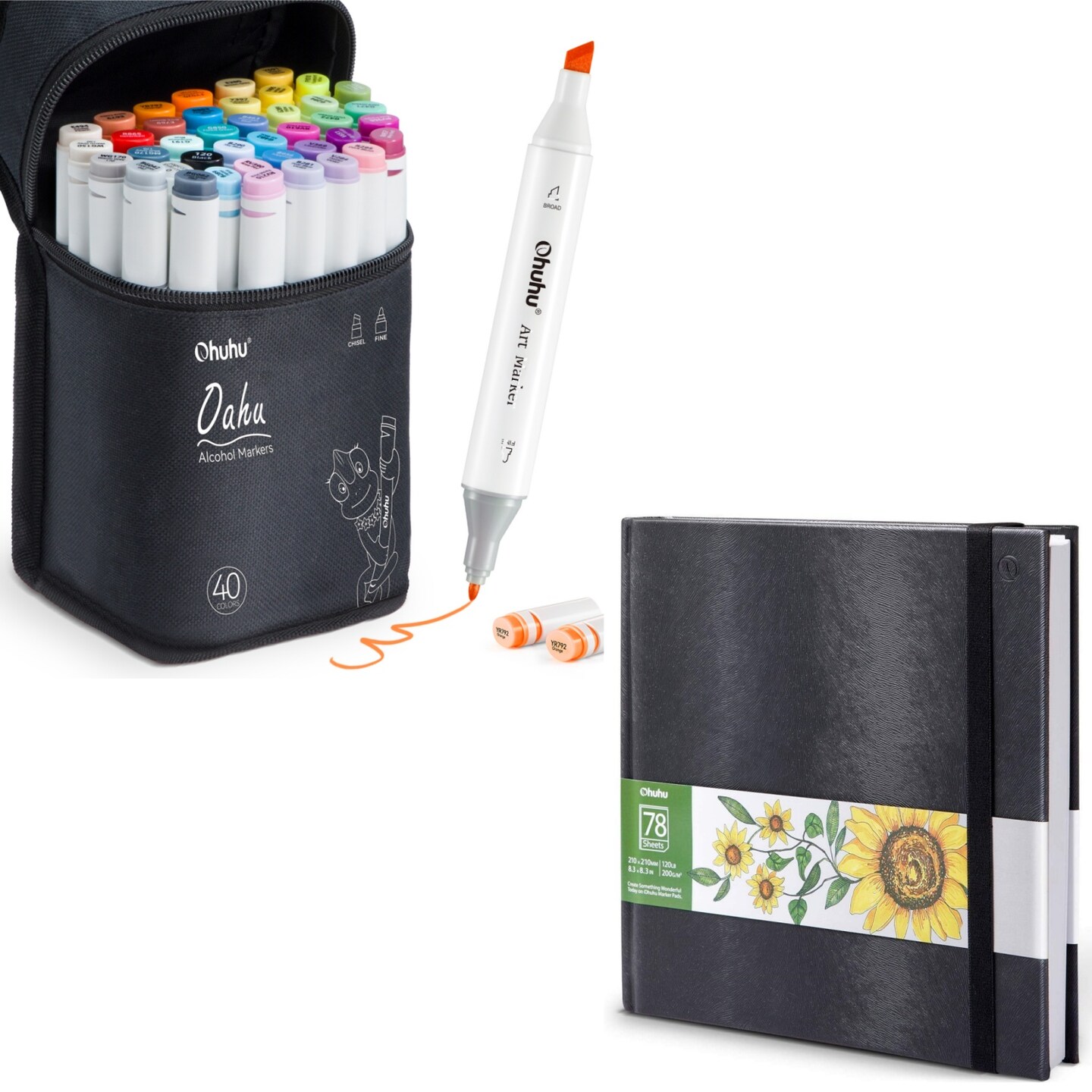 Ohuhu Oahu 40 Colors Alcohol Markers + 8.3&#x22;x8.3&#x22; Sketchbook Marker Paper Pad