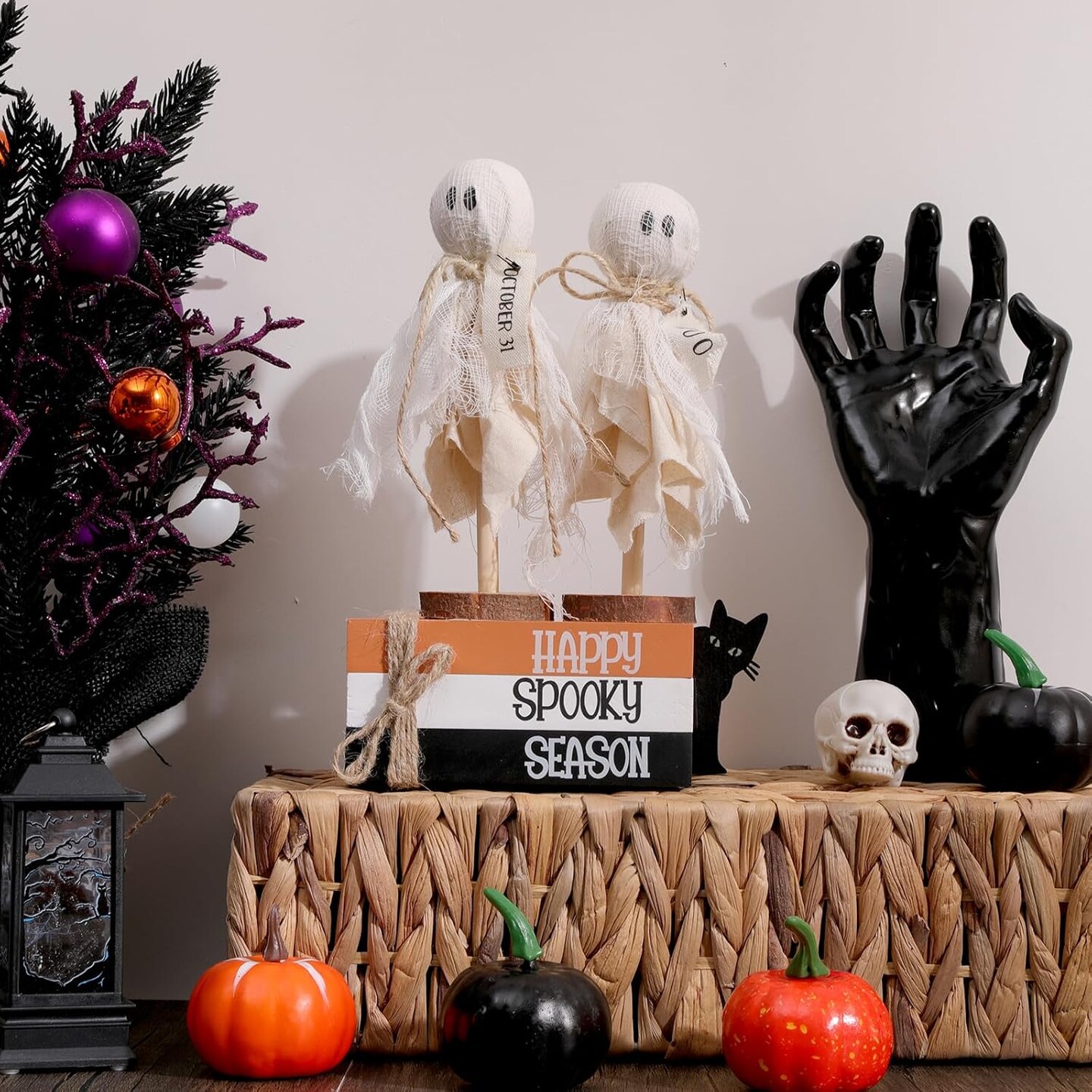 6PCS Halloween Decorations Indoor Wood Book Stack (Happy Spooky Season)