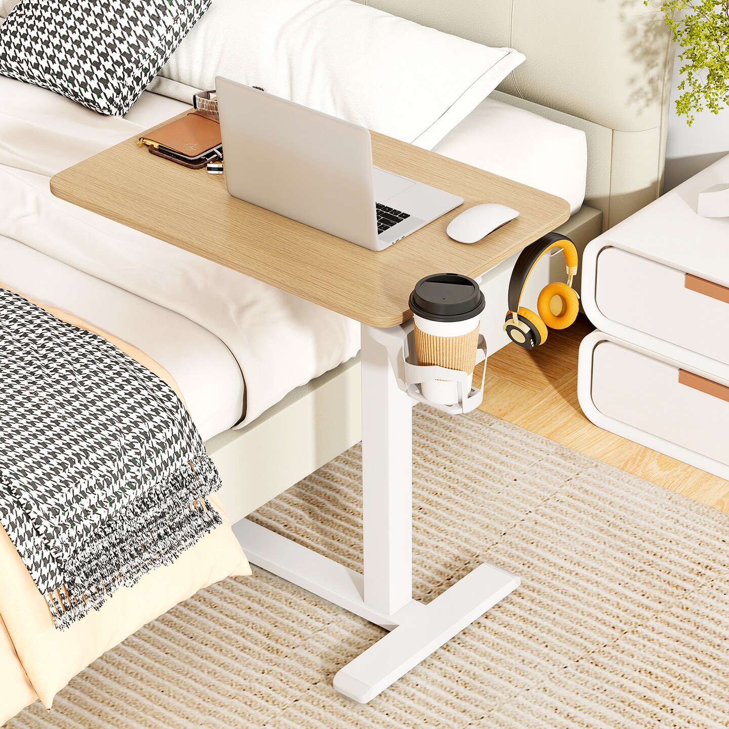 Height Adjustable Mobile Overbed Table with Cup Holder Standing and Bedside Use