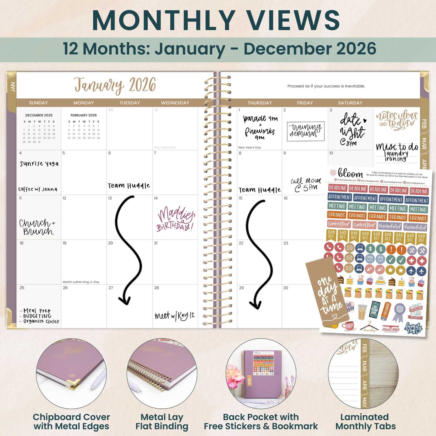 bloom daily planners 2026 Hard Cover Weekly &#x26; Monthly Planner, 8.5&#x22; x 11&#x22;, Linen, Purple
