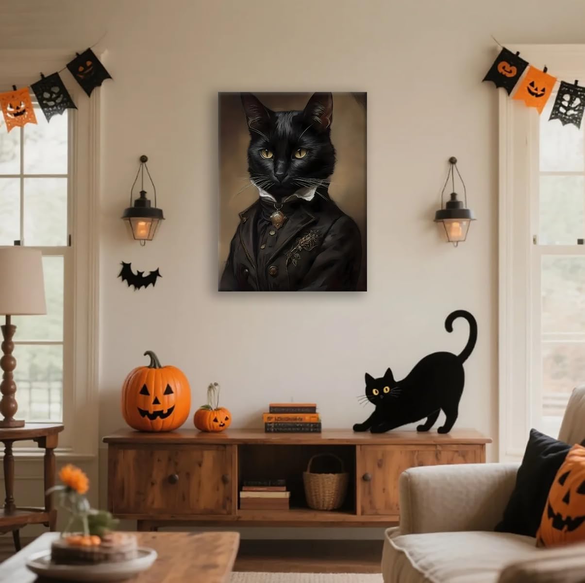 Halloween Black Cat Canvas Framed Wall Art - 15L&#x22; x 11.5W&#x22; (C001)