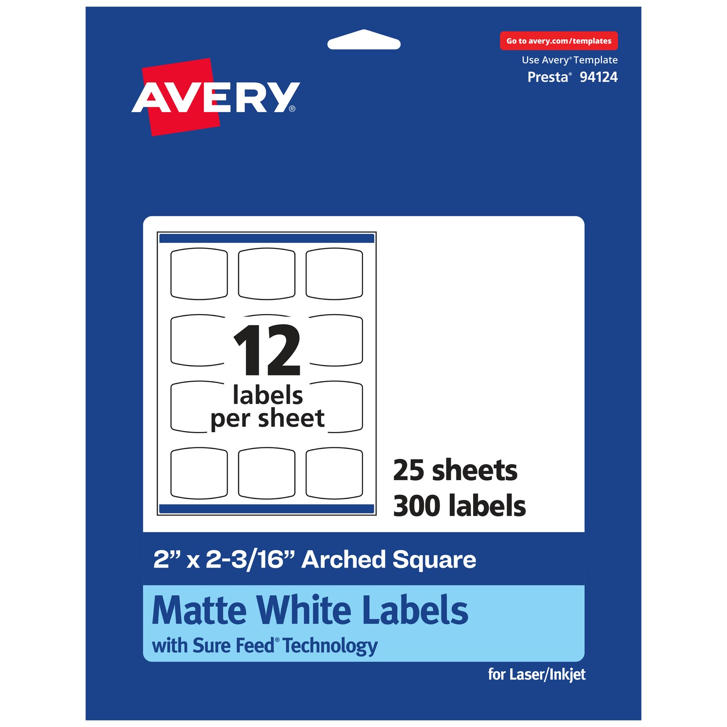 Avery Matte White Arched Square Labels with Sure Feed, 2" x 2-3/16"
