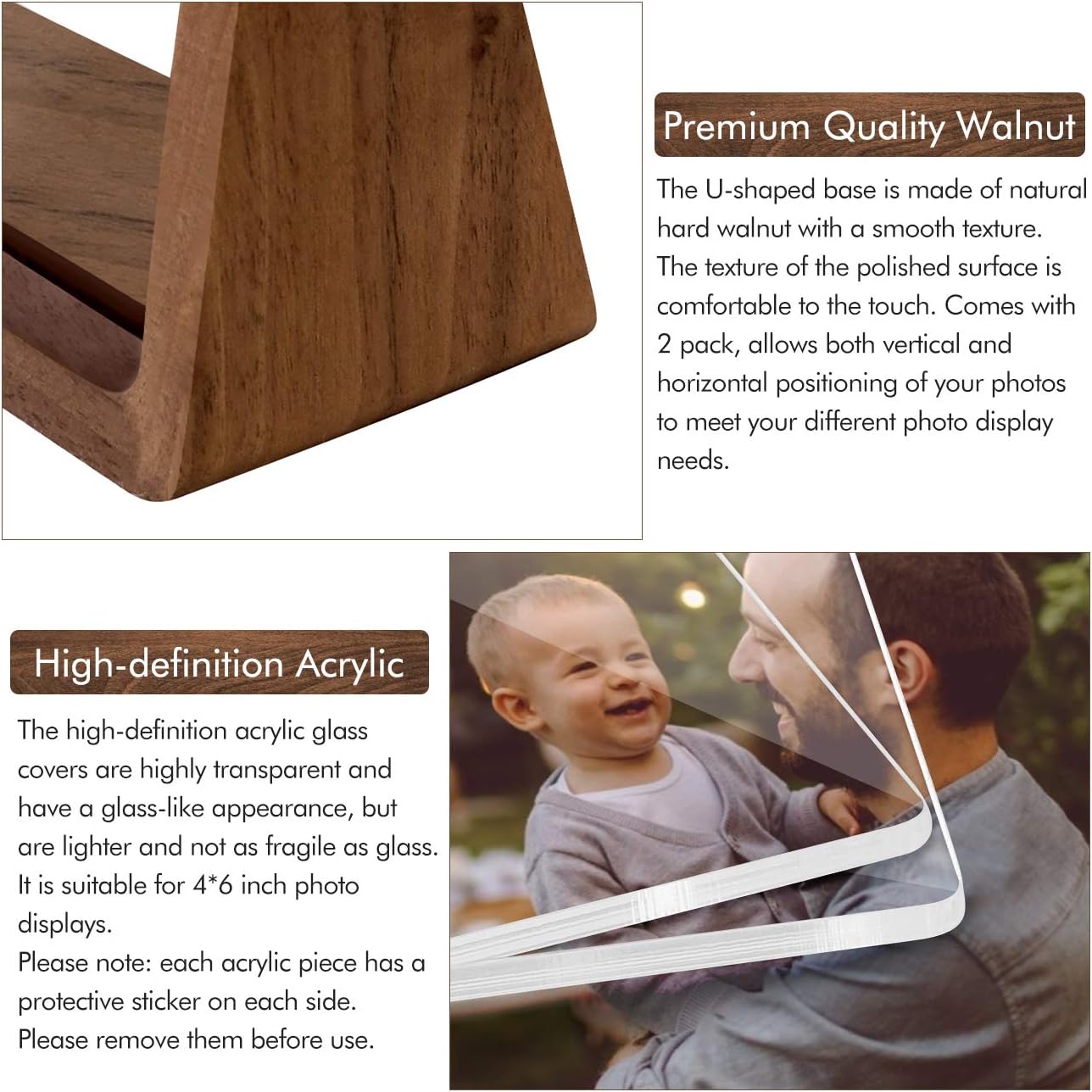 2 Pack 5x7 Inch Rustic Wooden Photo Frames with Walnut Base and Acrylic Glass (Horizontal + Vertical)