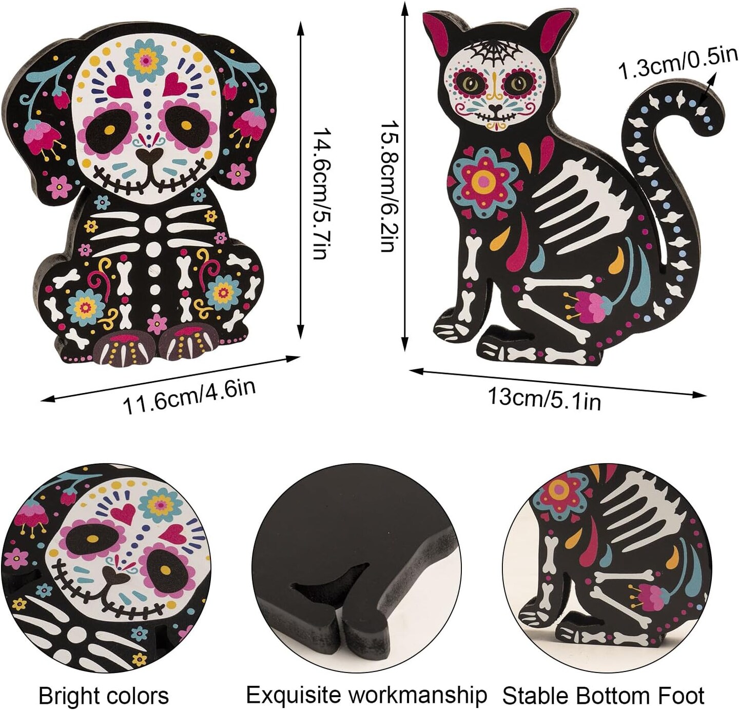Wooden Day of The Dead Dog Cat Figurine, 2 Piece Dia De Los Muertos Ofrenda Altar Sugar Skulls Altar Table Decorations