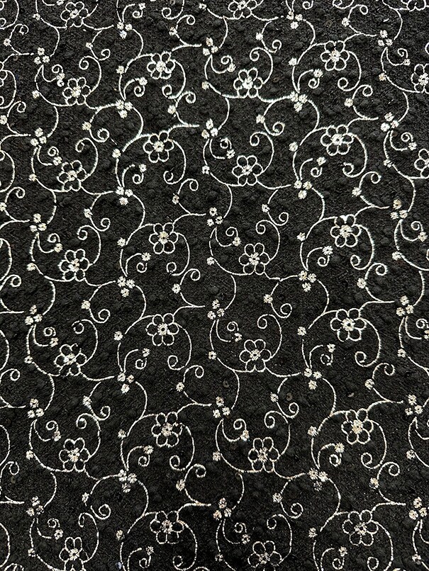 Silver Flocked Floral Faux Sequin on Black Chenille Fabric By the Yard