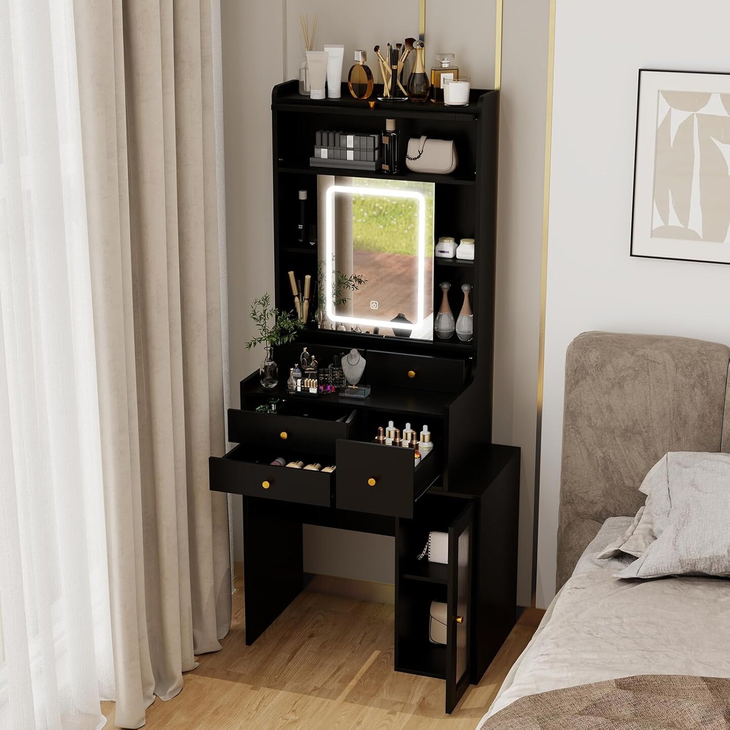 Small Vanity Desk with Sliding Mirror and Lights Black Makeup Vanities Set with Drawers Compact Dressing Table with Cabinet and Adjustable Shelves for Bedroom