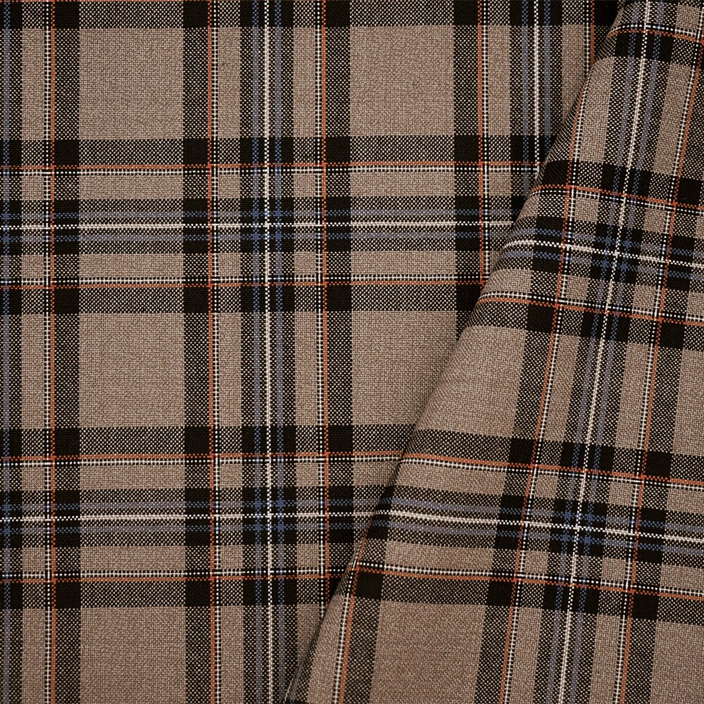 Brown-Orange-Multi Wool-Poly Plaid Woven Shirting Fabric By the Yard