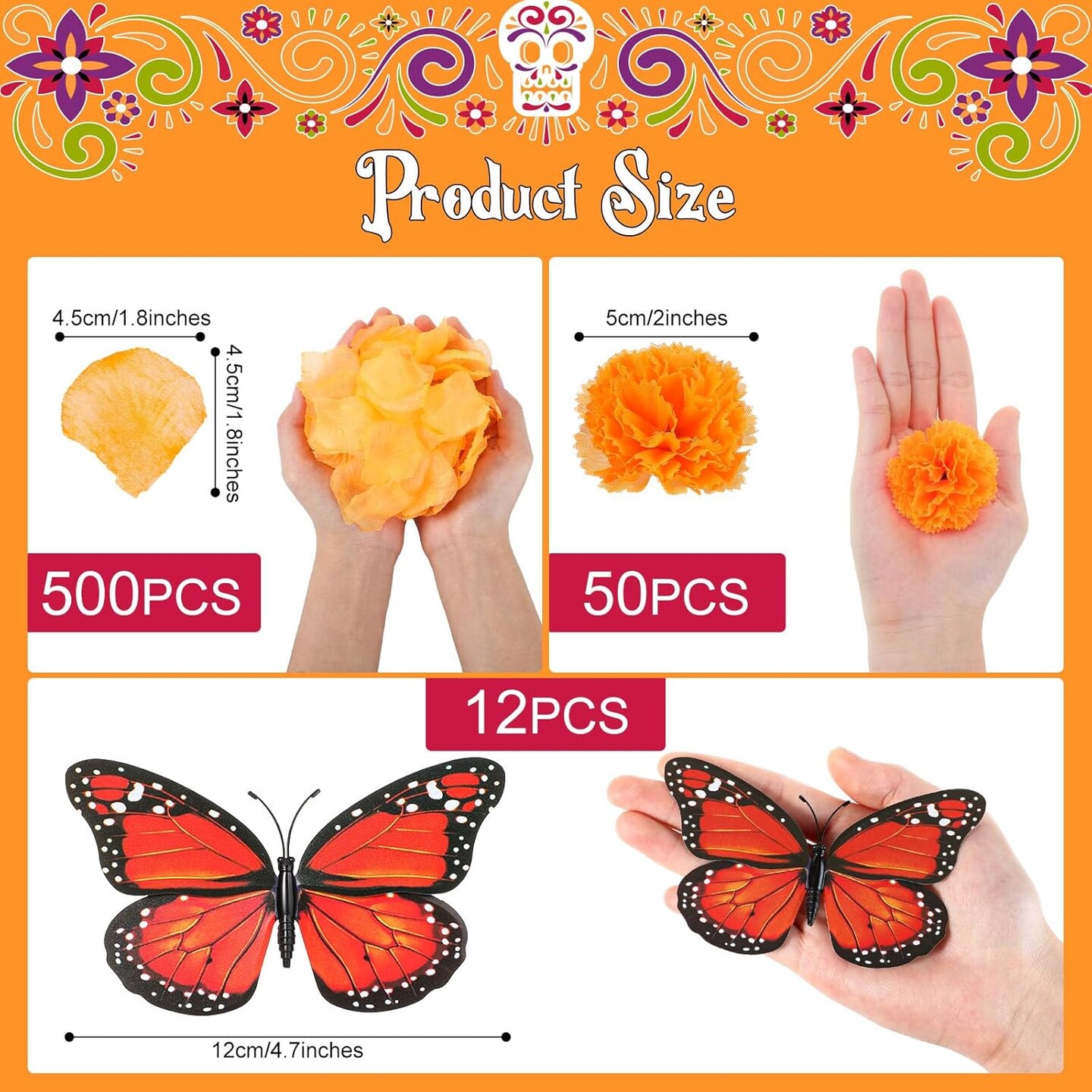 Day of the Dead Decors - 50 Pcs Marigold Flowers, 12 Artificial Butterflies, 500 Orange Flower Petals