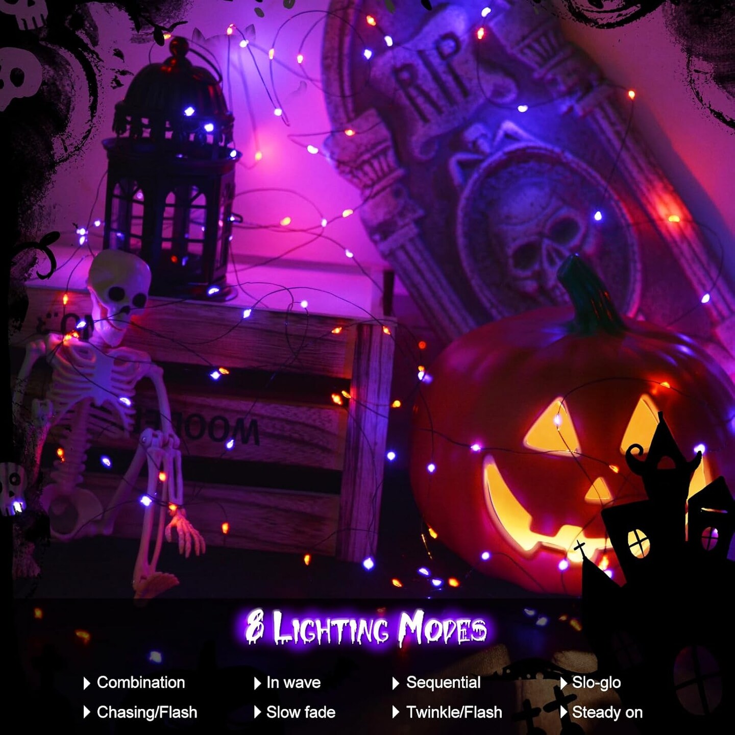 2 Pack Halloween Fairy Lights Battery Operated 200 LED (Purple & Orange)
