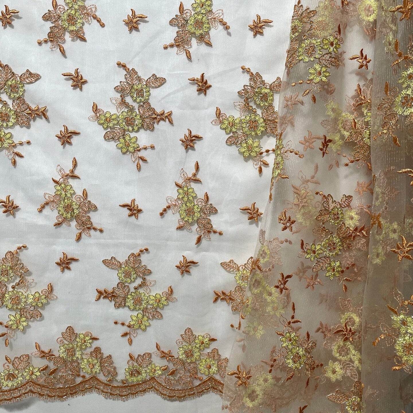 1 Yard Sage Pink Corded Bridal Lace Fabric Embroidered on Polyester Net Mesh Elegant 51 Inch Width