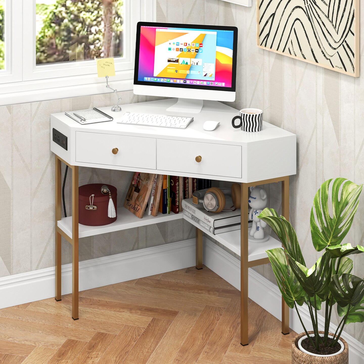 L-Shaped Triangle Desk with USB Type-C Ports and Storage Drawers Ideal for Home or Office Work