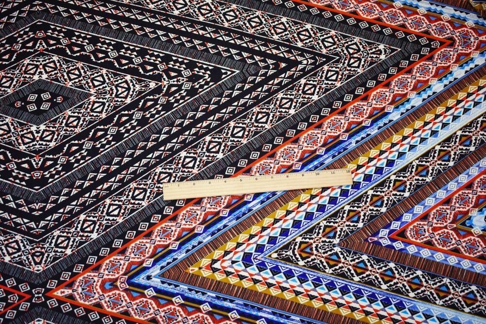 Black-Orange-Multi Poly Aztec Printed Faille Woven Fabric By the Yard