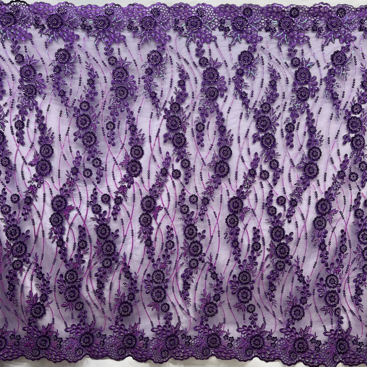 1 Yard Glamorous Rust Beaded Sequined Floral Lace Fabric on Net Mesh 53 inch Width