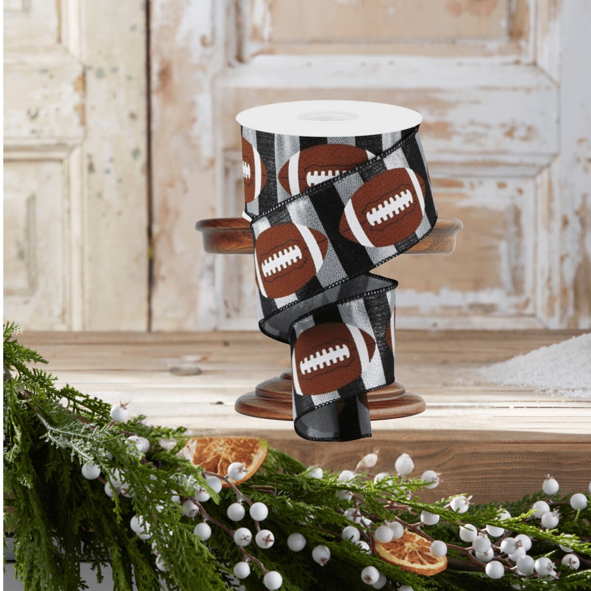 2.5&#x22; Footballs On Stripe Ribbon: Black &#x26; Silver (10 Yards)