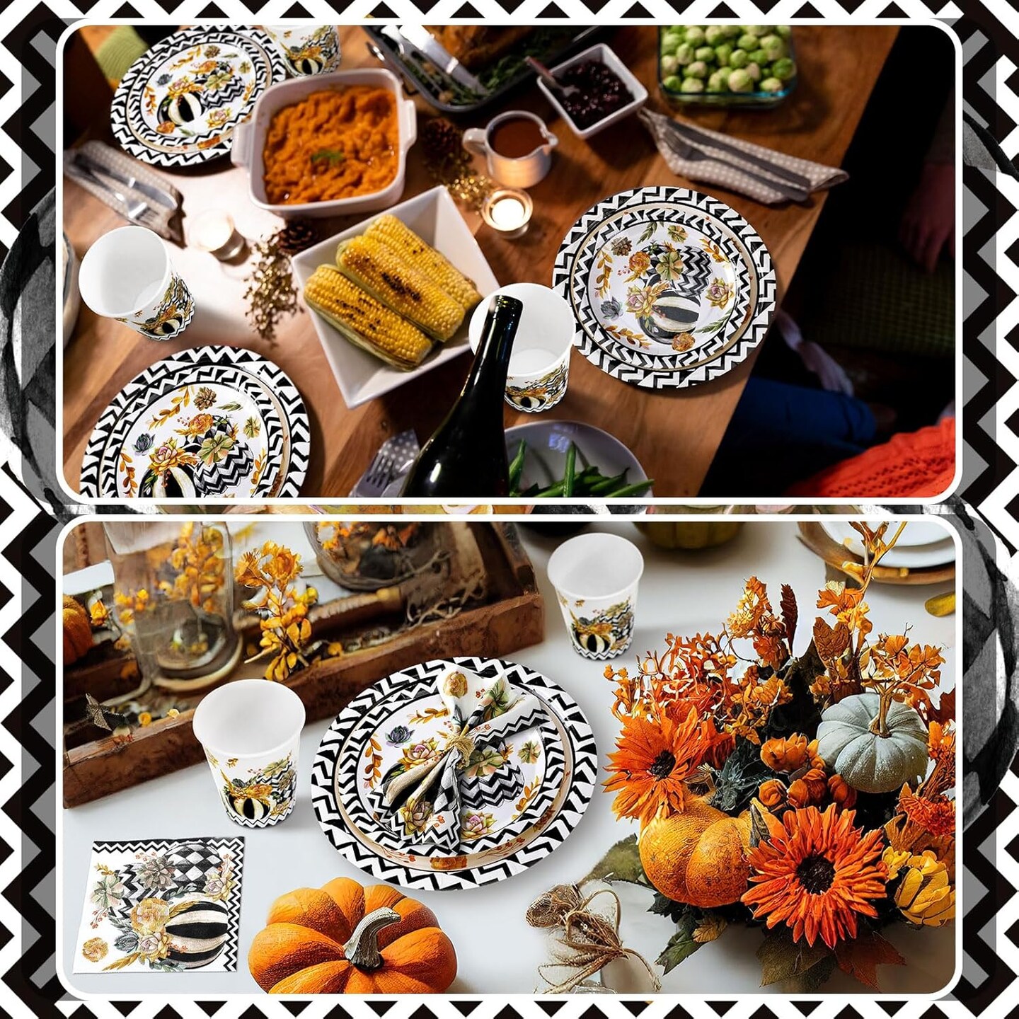 250Pcs Thanksgiving Tableware Sets - Plates, Napkins, Cups Serves 50 Guests (Black and White Pumpkin)