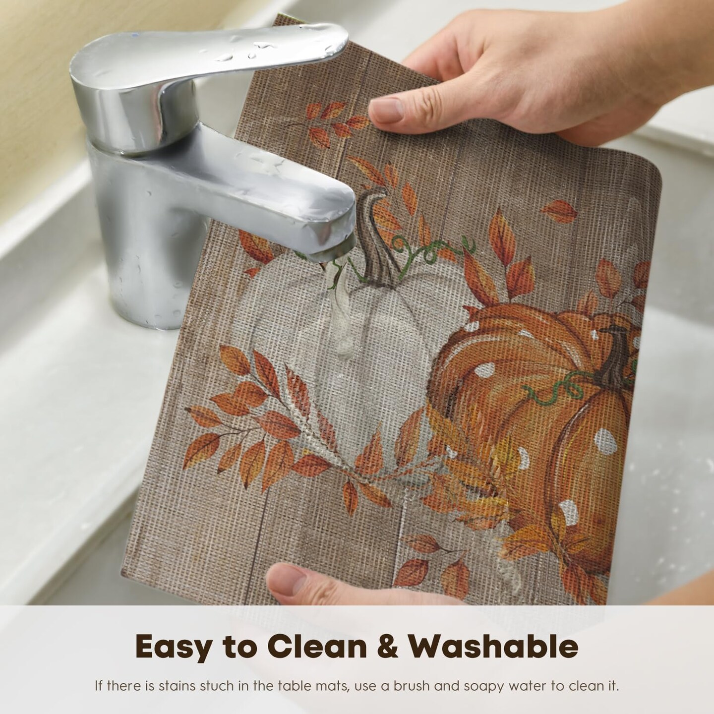 Set of 4 Wood Pumpkin Leaves Fall Vinyl Placemats - 12" x 18" (Orange)