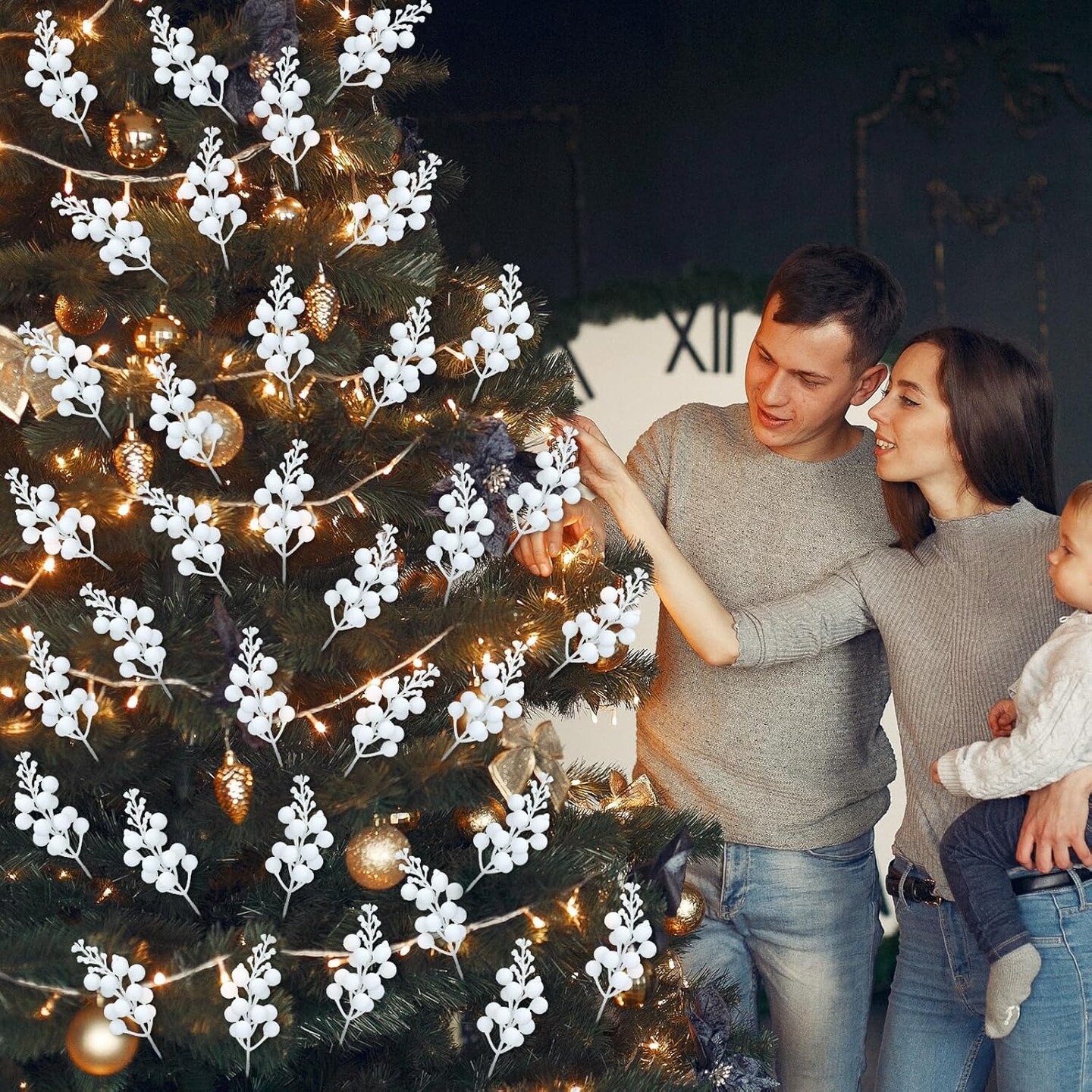 Christmas Berry Branches Sprays Faux Berry Sprig Picks(White)