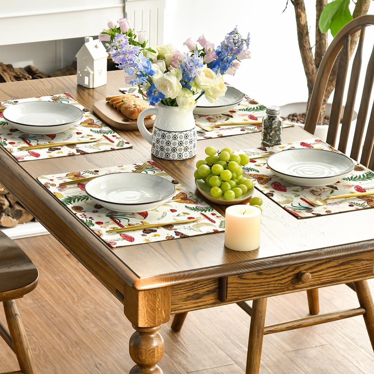 Beige Modern Mushroom Placemats Set of 4(Beige/Red)