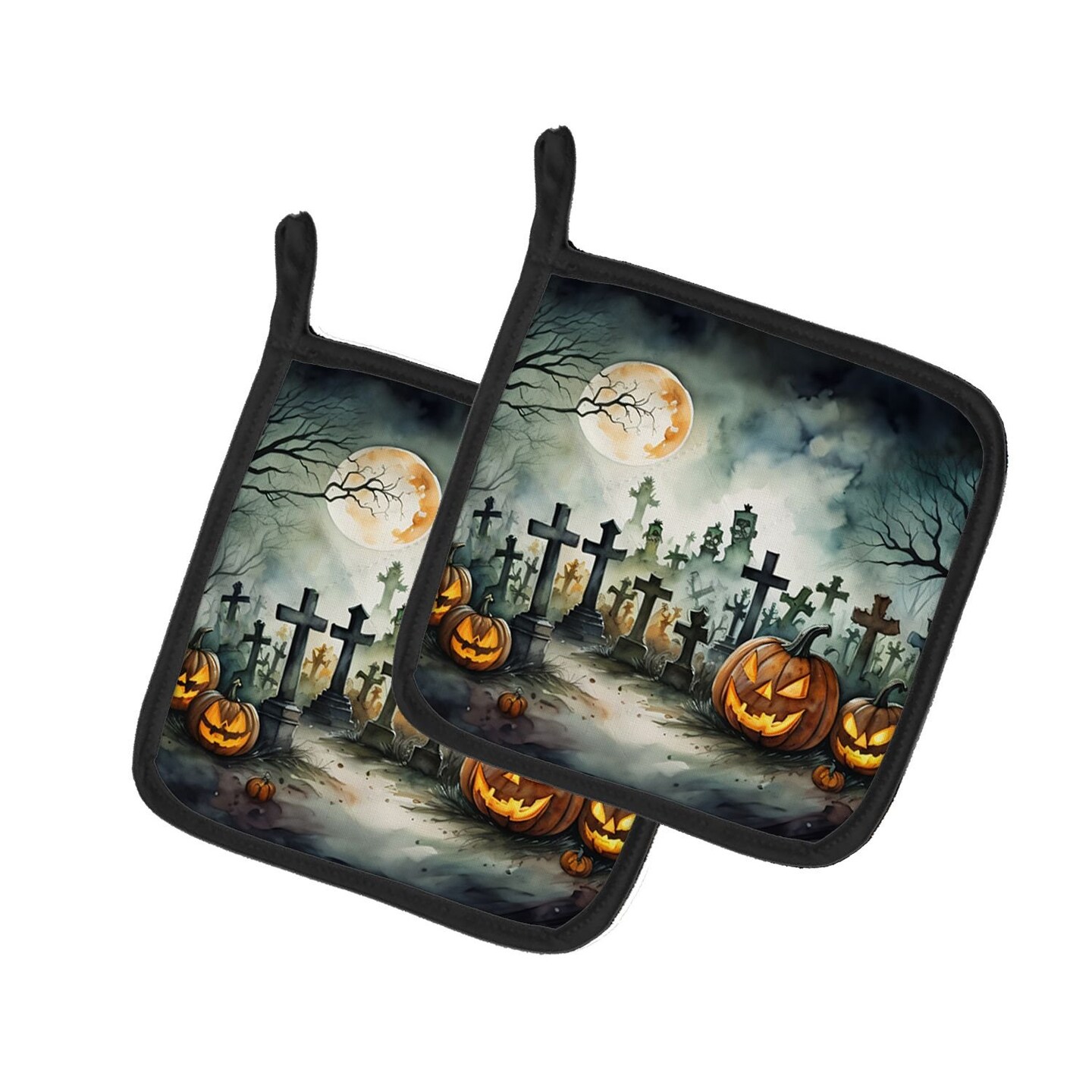 Edge Collections - 7.5" x 7.5" - Multicolor - Graveyard Spooky Halloween Pot Holders - 1 Pair