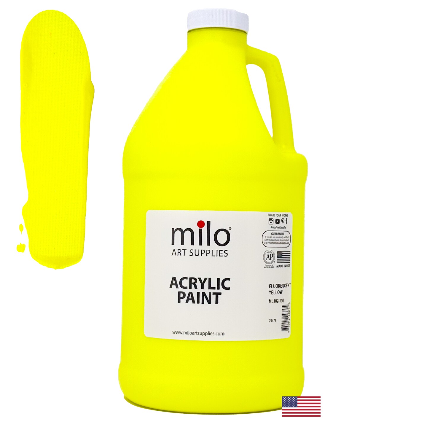 milo Fluorescent Yellow Neon Acrylic Paint | 64 oz Bottle Half Gallon | Glows UV in Black Light | Non-Toxic Made in USA | Bulk Art Paint for Party, Student, Classroom, Artist
