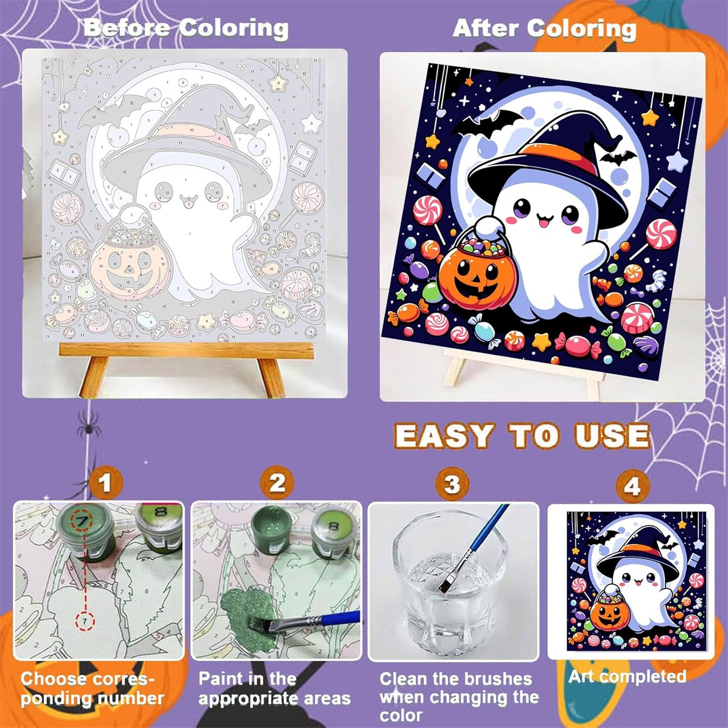 Halloween Ghost Paint by Numbers Kit with Frame and Wooden Easel - 8x8 Inch