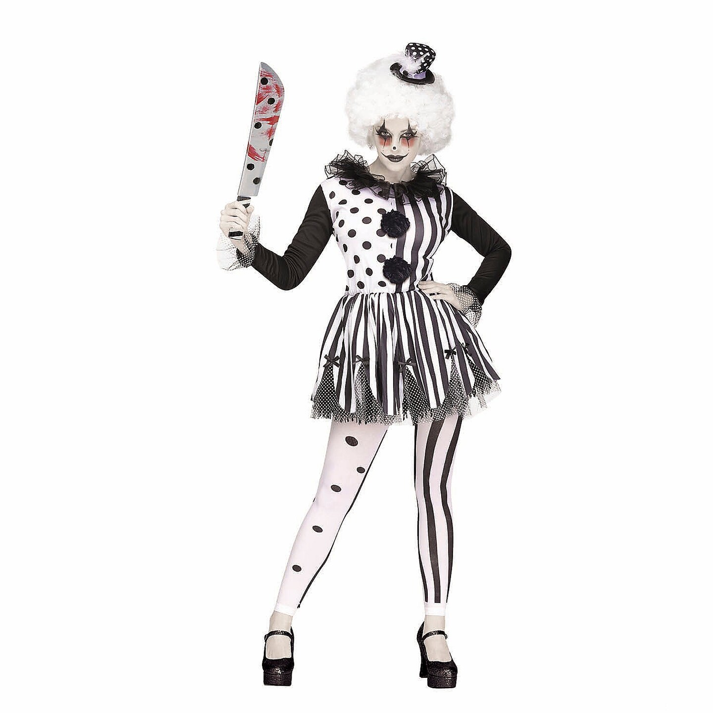 Women’s Black & White Killer Clown Costume, Long-Sleeve Dress with Ruffled Collar and Polka Dot Hat