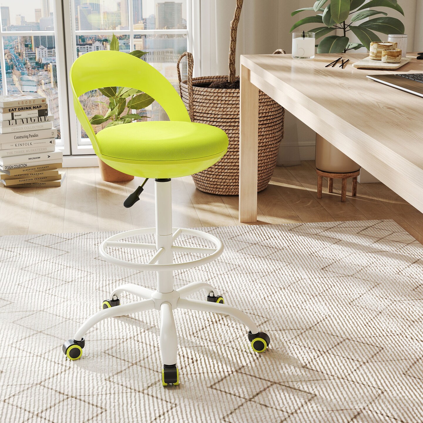 Green Adjustable Swivel Drafting Chair with Ergonomic Backrest and Footrest for Office