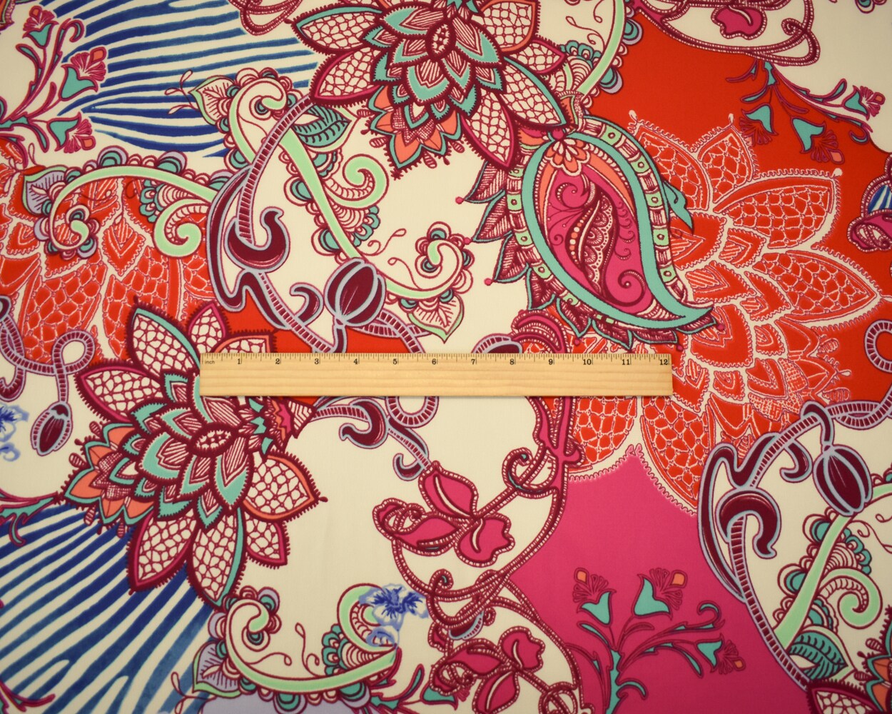 Red-Ivory-Multi Poly Paisely Floral Print Pebble Crepe Woven Fabric By the Yard
