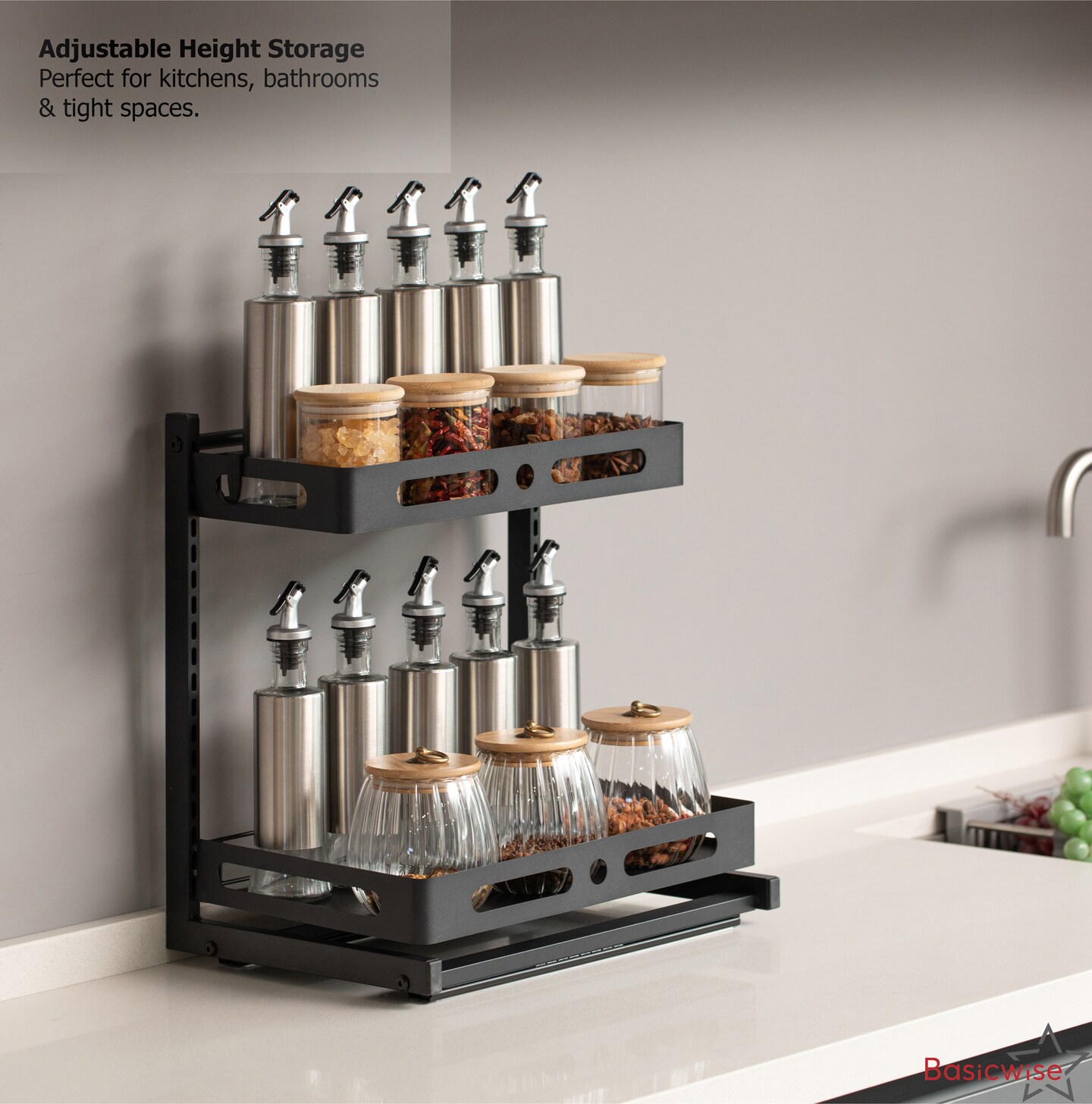 Basicwise Adjustable Height Under Sink Pull-Out Organizer 2-Tier Sliding Shelf Rack Heavy-Duty Mesh Baskets for Kitchen & Bathroom Cabinets Ideal for Tall Bottles Cleaning Supplies & Tight Spaces